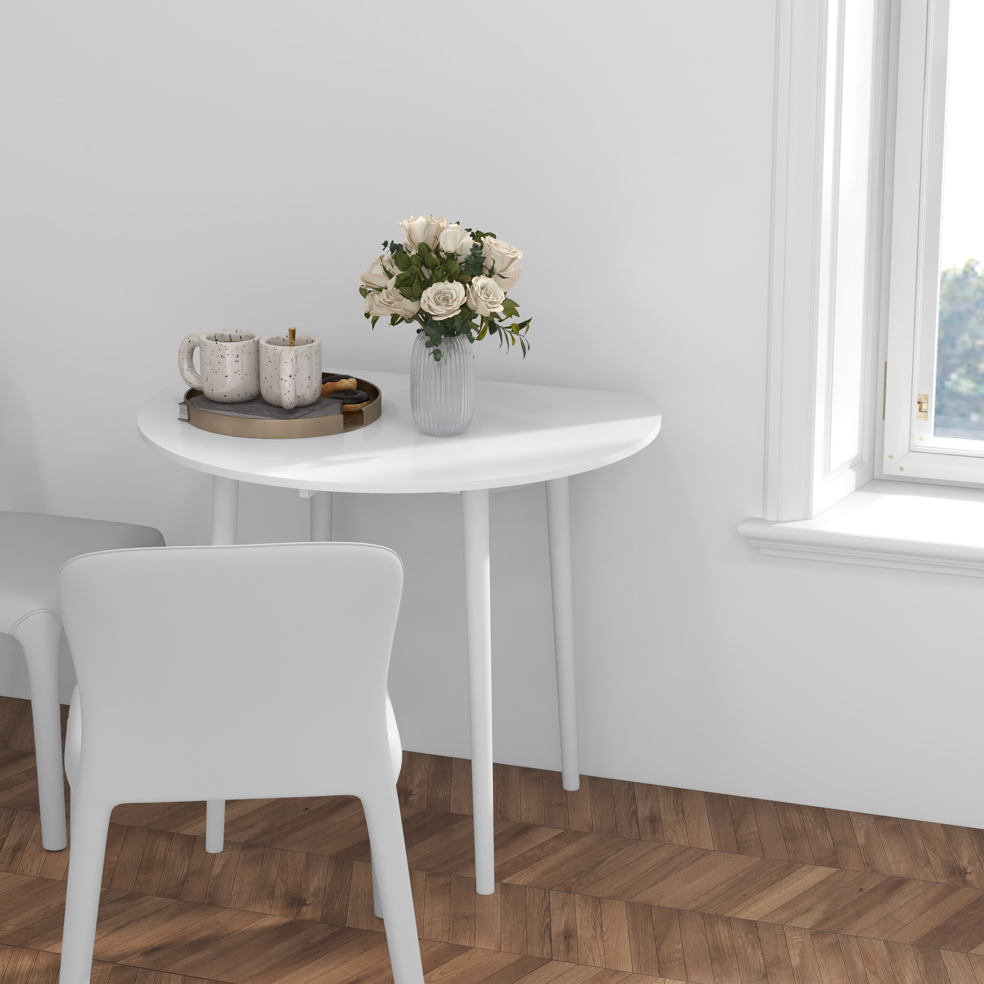 Folding Dining Table, Round Drop Leaf Kitchen Table for Small Spaces with Wood Legs, Distressed White - Image 5