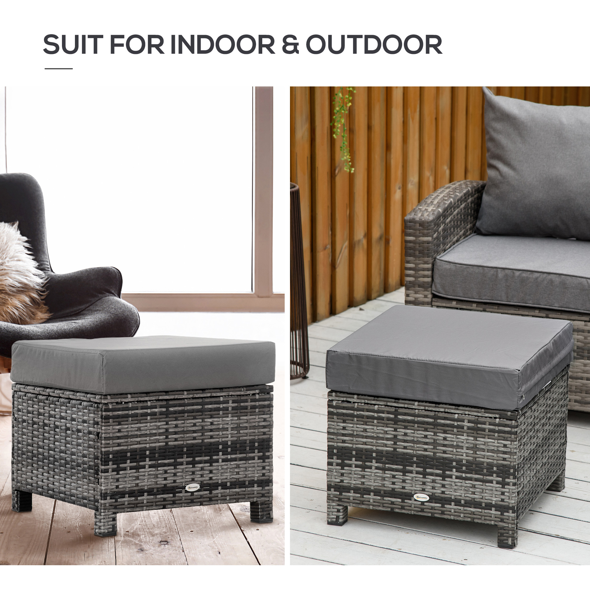 Patio Rattan Ottoman, Outdoor Wicker Footrest with Soft Cushion, Metal Frame for Backyard, Garden, and Poolside, Grey - Image 4