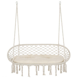 Patio Hammock Chair 2 Seat, Hanging Rope Hammock Swing Chair with Metal Frame and Cushion, Large Macrame Seat for Indoor and Outdoor 396 lbs Capacity, Cream White