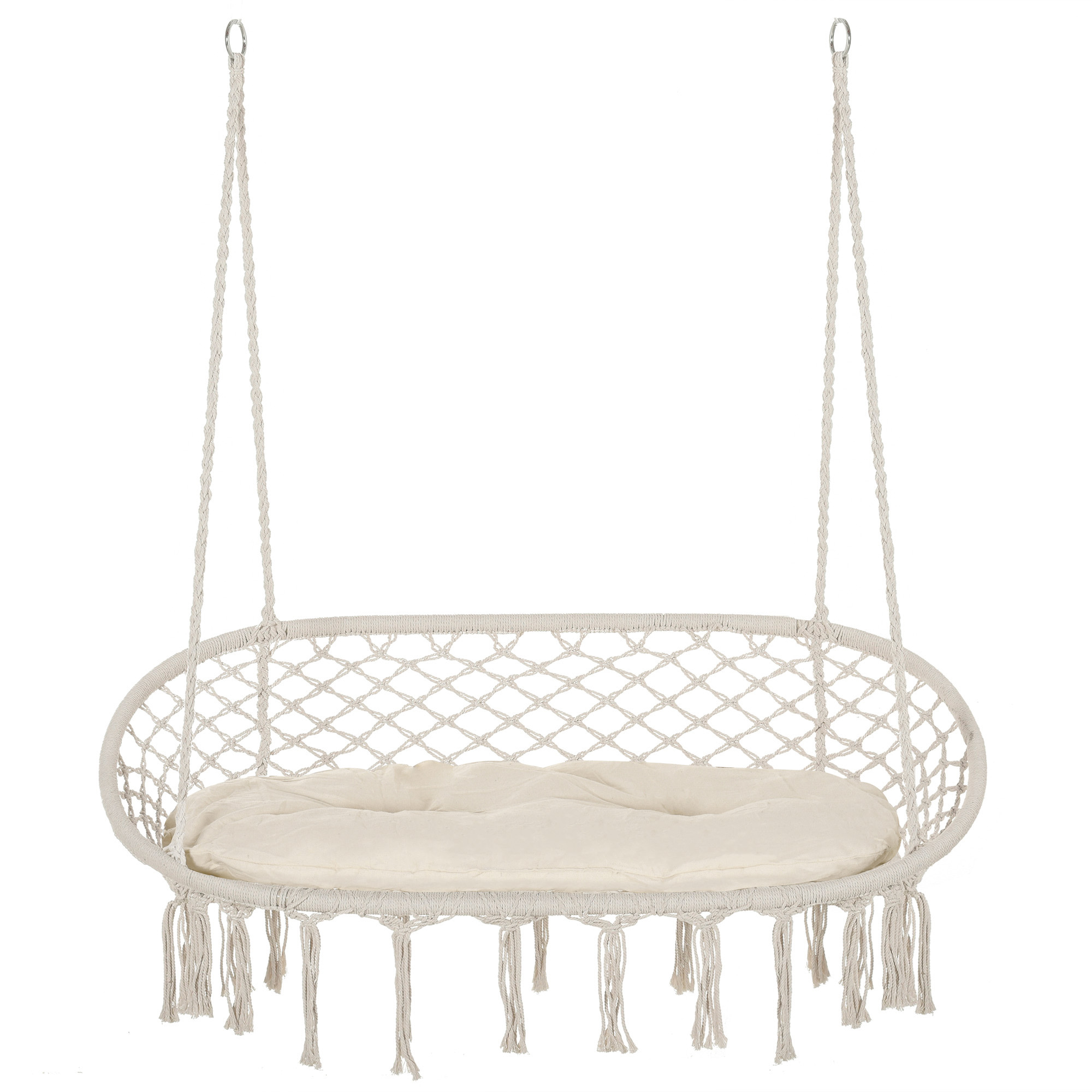 Patio Hammock Chair 2 Seat, Hanging Rope Hammock Swing Chair with Metal Frame and Cushion, Large Macrame Seat for Indoor and Outdoor 396 lbs Capacity, Cream White
