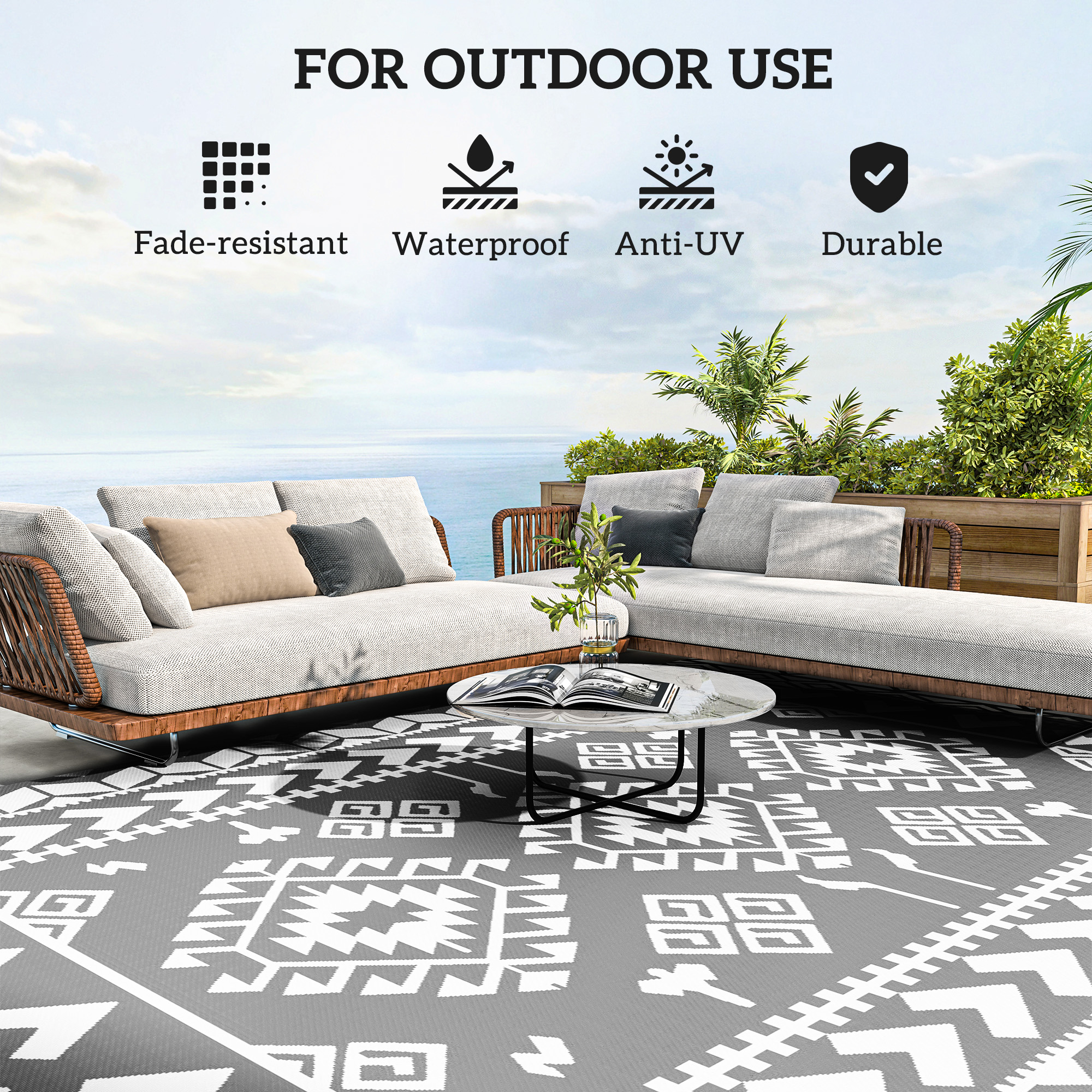 9' x 12' Outdoor RV Rug, Reversible Patio Floor Mat with Carry Bag, Rhombus Patchwork, Grey and White - Image 4