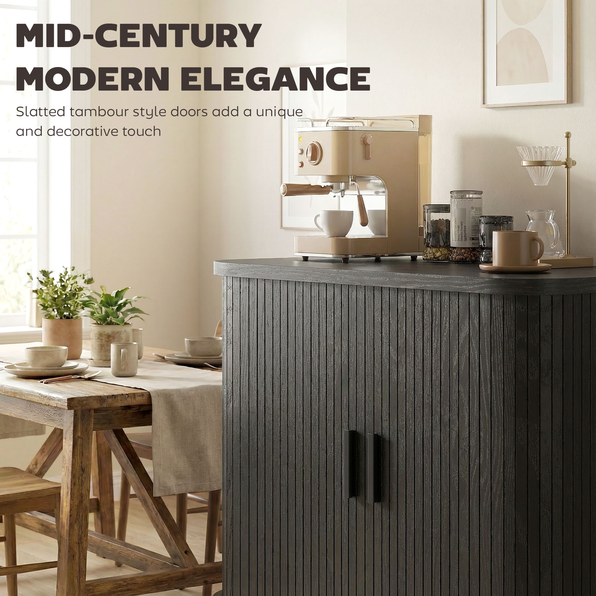 35.4" Sideboard Buffet Cabinet with Storage, Nordic Coffee Bar Cabinet with Slatted Tambour Doors and Metal Legs, Black - Image 2