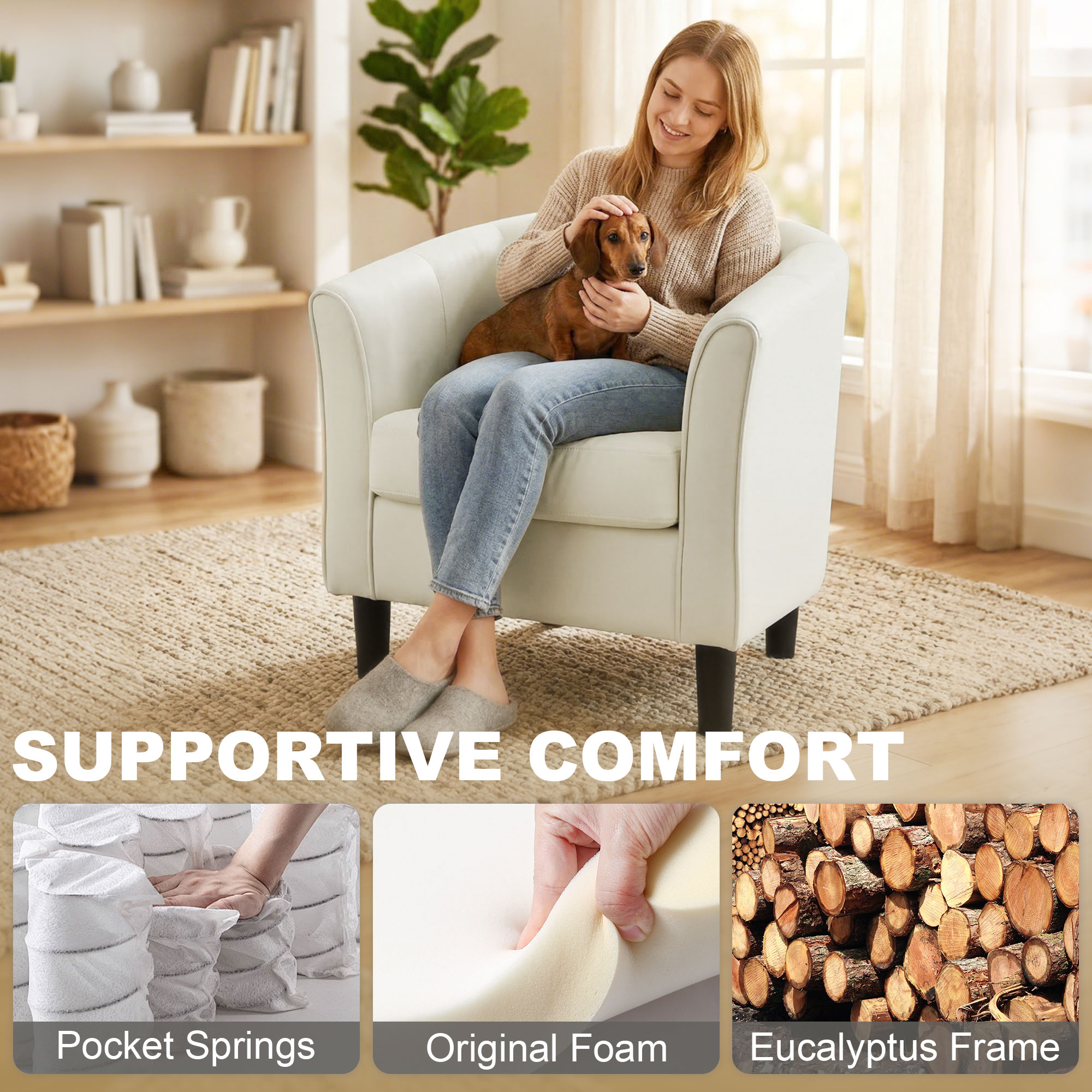 Accent Chair Modern Upholstered Living Room Chair with Ottoman and Pocket Spring Cushion Cream White - Image 3