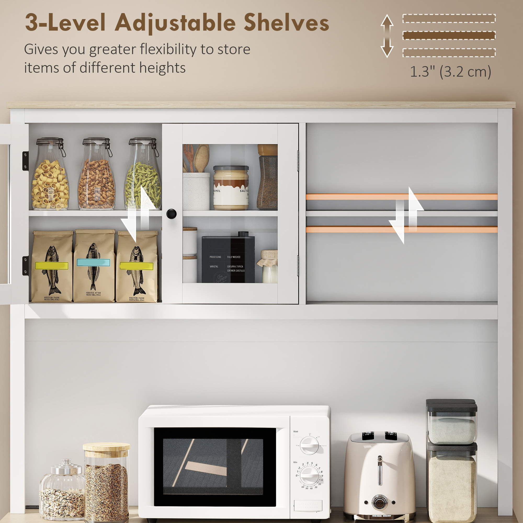 69" Kitchen Pantry Cabinet with Charging Station Kitchen Cabinet with Microwave Stand 7 Gallon Trash Can Cabinet White - Image 3