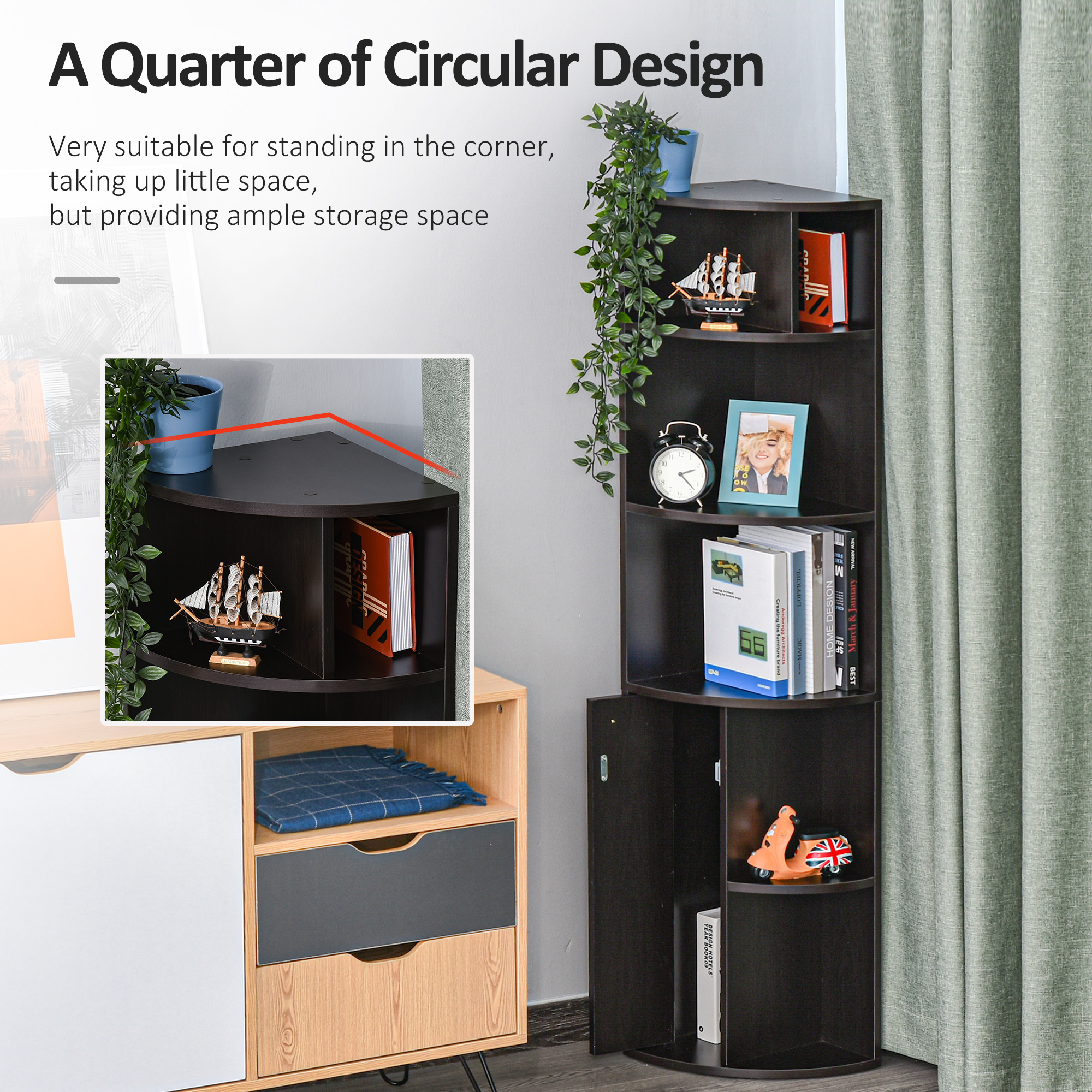 5-Tier Corner Bookcase, Storage Bookshelf, Freestanding Display Shelves with Open Compartments and Cabinet for Home Office, Living Room, Study, Black - Image 3