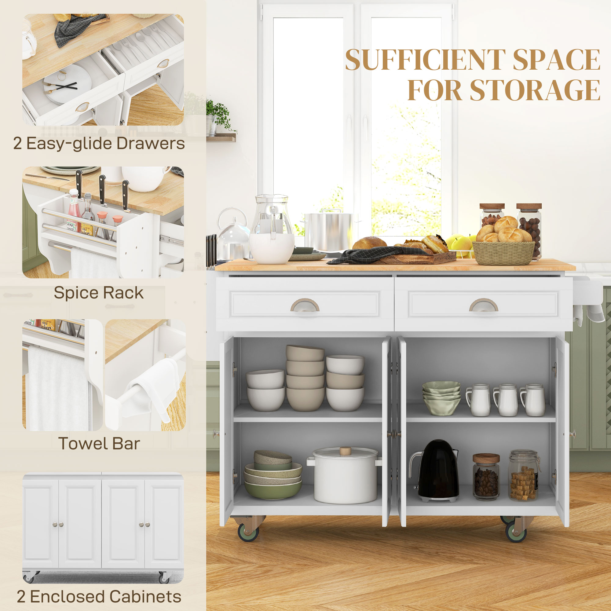 Kitchen Island with Storage, Rolling Kitchen Island with Drop Leaf, Rubber Wood Top and Adjustable Shelves, White - Image 2