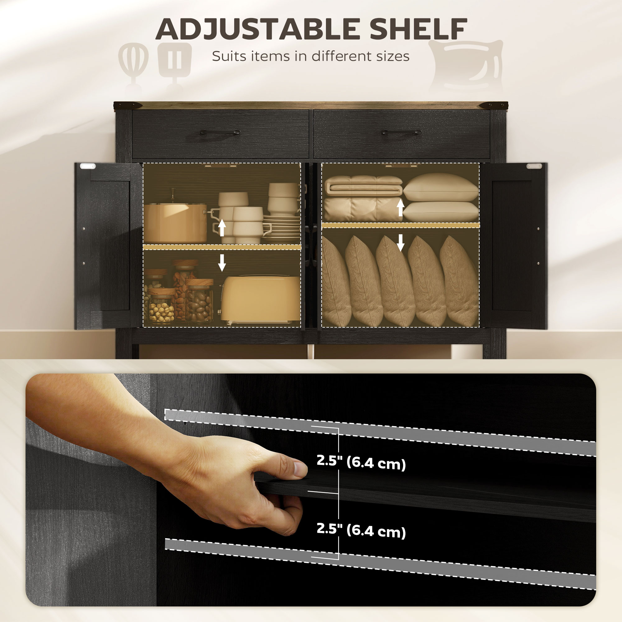 Sideboard Buffet Cabinet, Farmhouse Kitchen Storage Cabinet w/ 2 Drawers and Shelves for Living Room, Entryway - Image 3