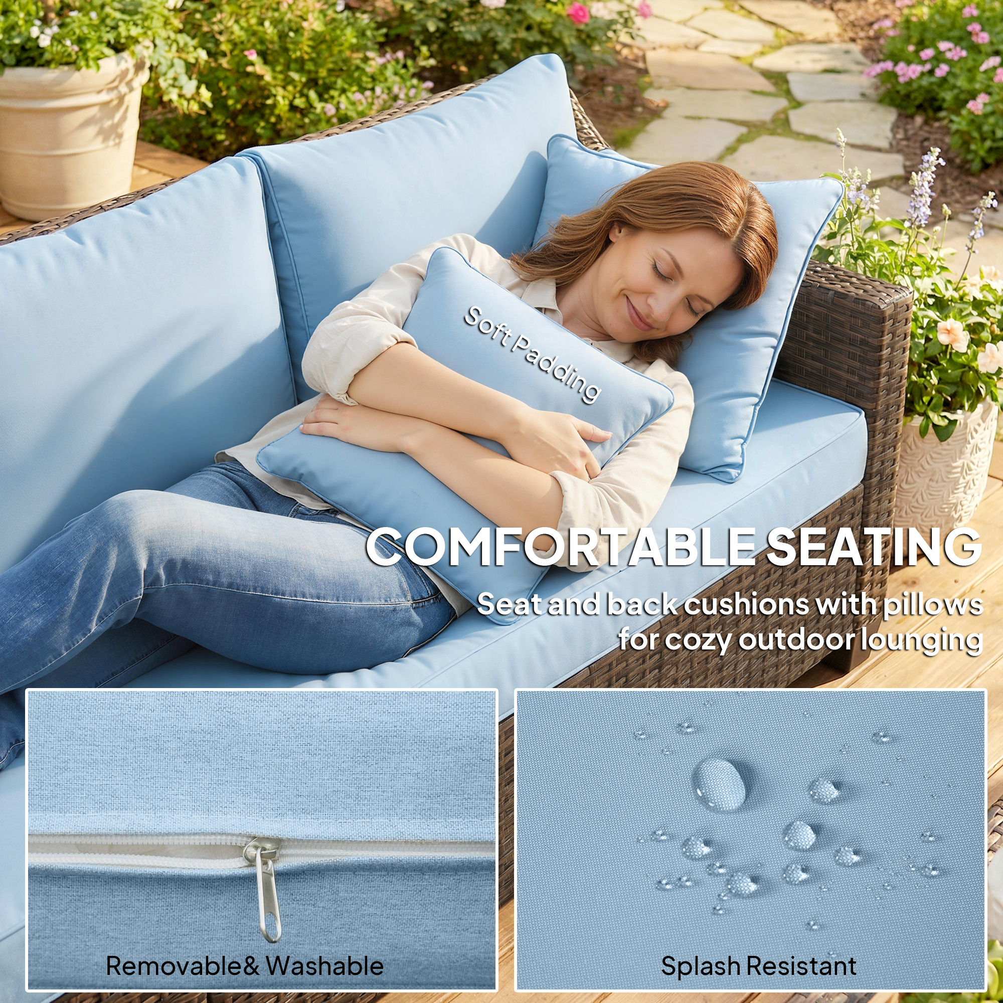 PE Wicker Outdoor Couch Sofa, 4-Seater Modular Patio Furniture Lounge Set with 2 Loveseats, Cushions, Pillows, Blue - Image 4