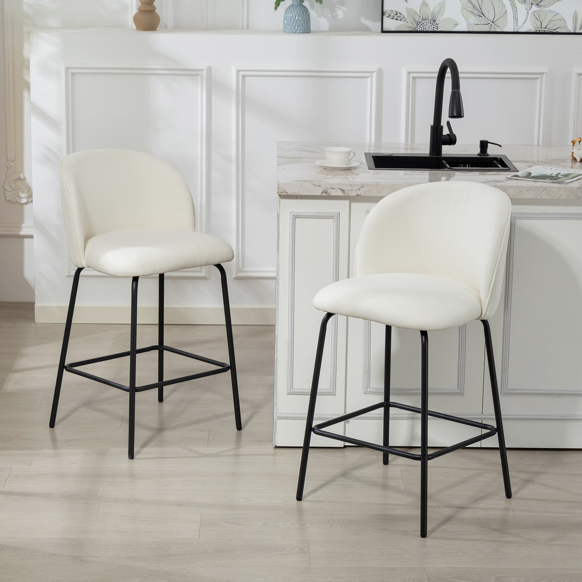 Set of 2 Counter Height Barstools, Upholstered Linen Bar Stools with Backrest, Footrest and Steel Legs, Cream White - Image 6
