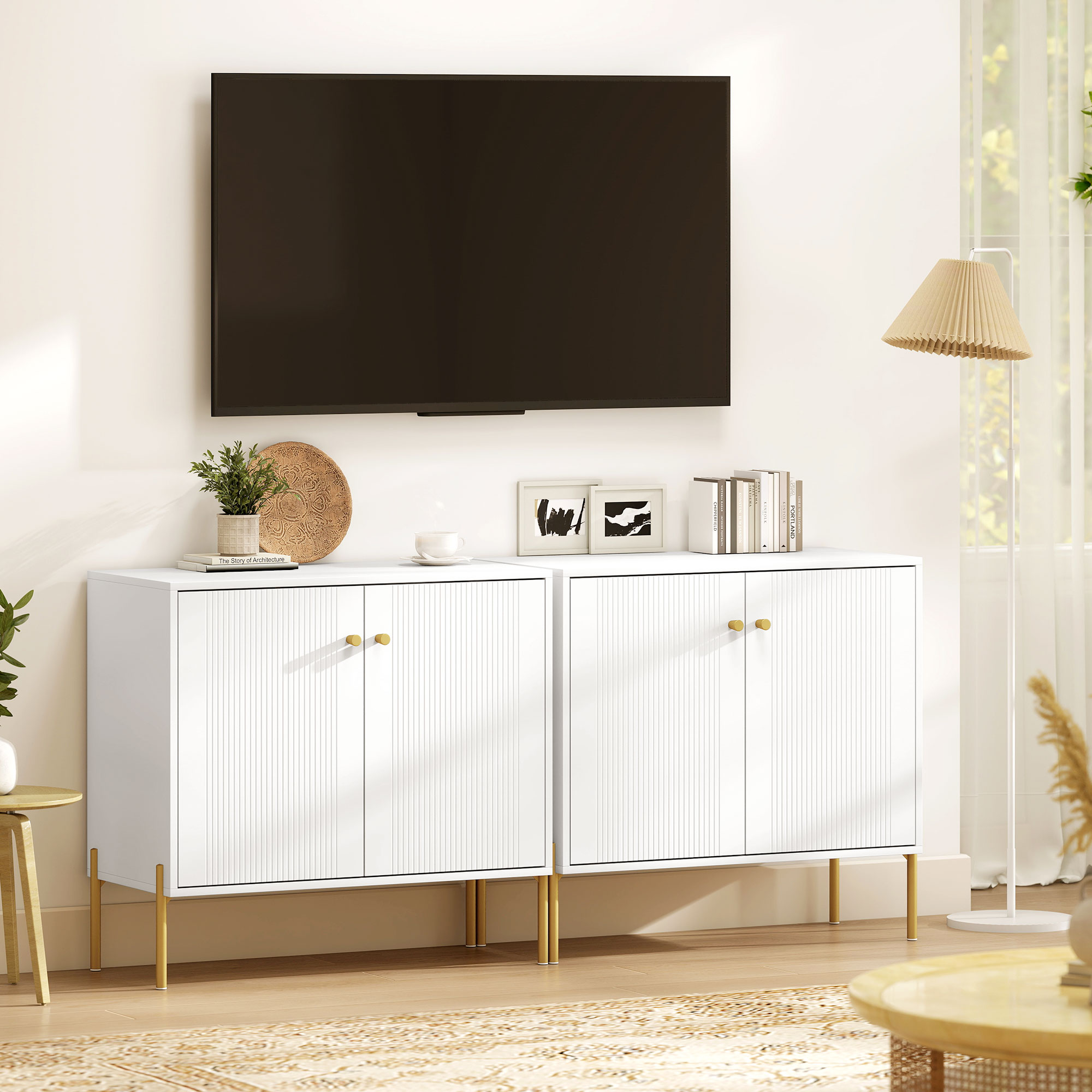 Sideboard, Modern Buffet Cabinet, Coffee Bar Cabinet with Fluted Doors and Adjustable Shelf, White - Image 5