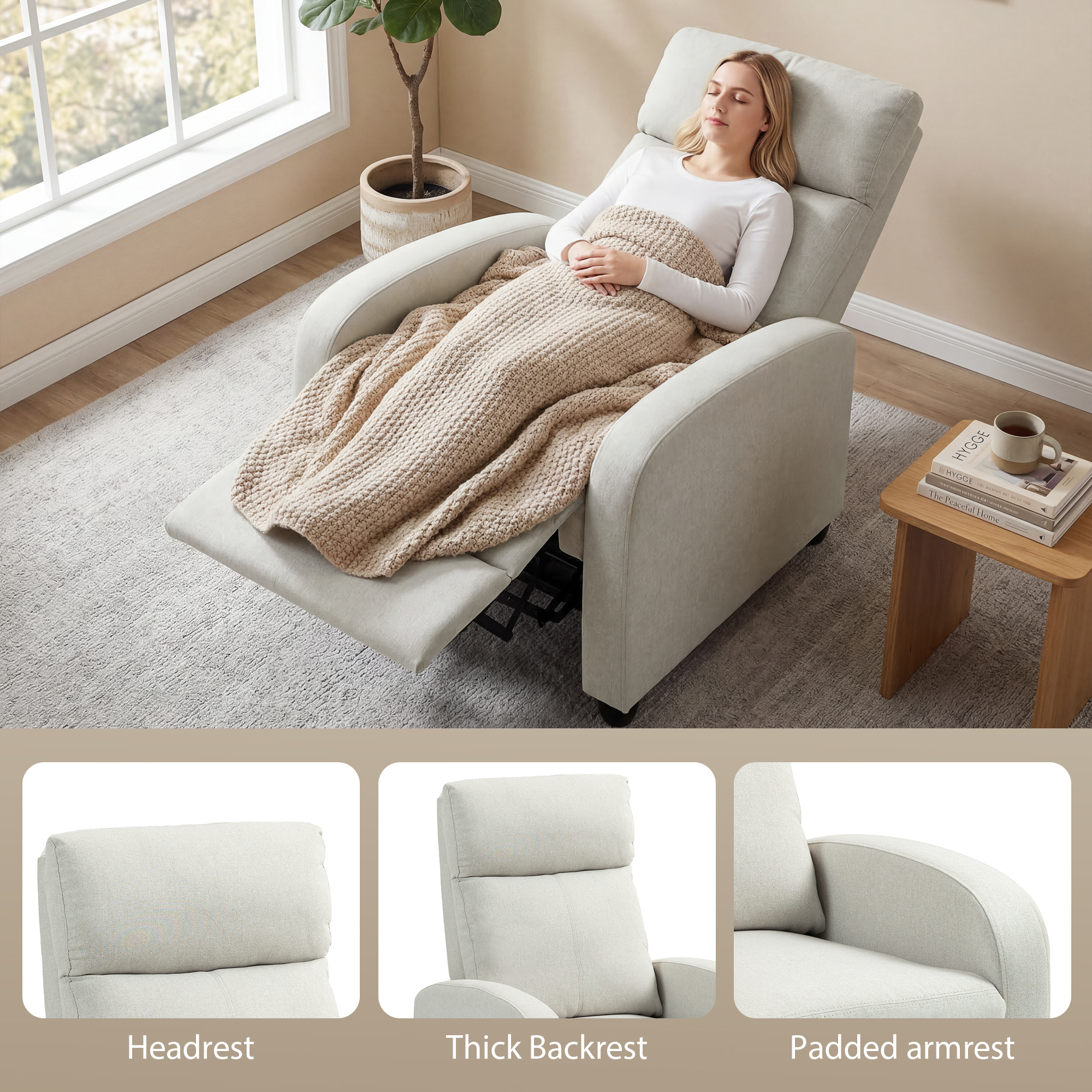 Fabric Recliner Chair Manual Home Theater Seating Single Reclining Sofa Chair with Padded Seat, Cream White - Image 4