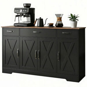 Sideboard Buffet Cabinet, 55" Farmhouse Kitchen Cabinet with 4 Barn Doors, 3 Drawers, 3 Adjustable Shelves, Black