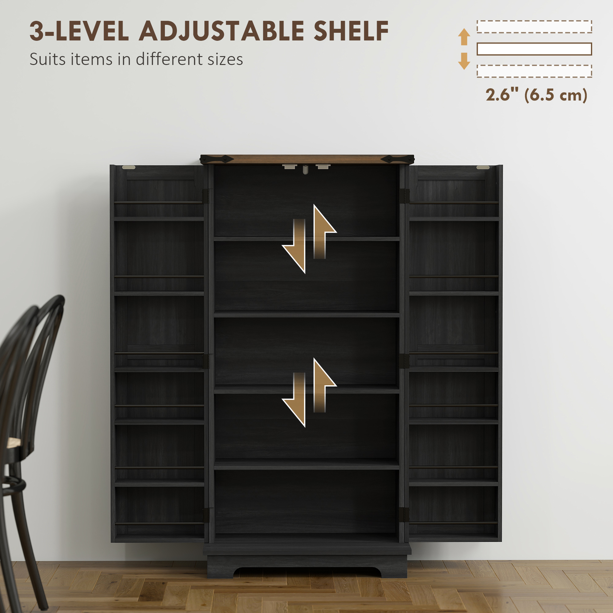 47" Kitchen Pantry Storage Cabinet, Farmhouse Kitchen Pantry Cabinet with Adjustable Shelves and Door Shelves, Black - Image 4