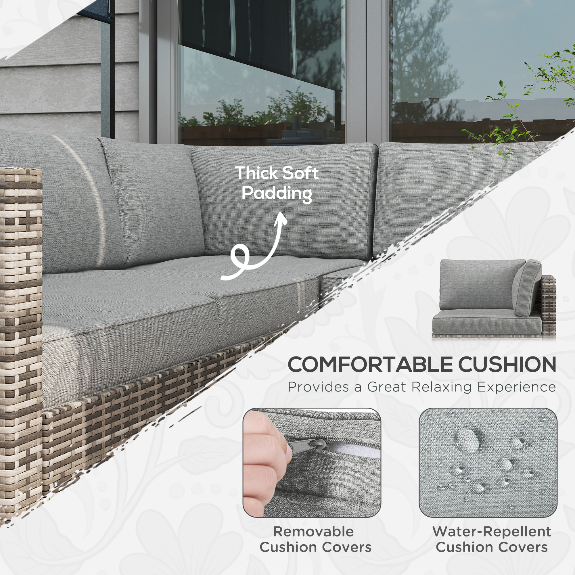 4 Pieces Rattan Wicker Outdoor Conversation Furniture Set w/ Corner Sofa Loveseats Coffee Table Cushions, Mixed Grey - Image 3