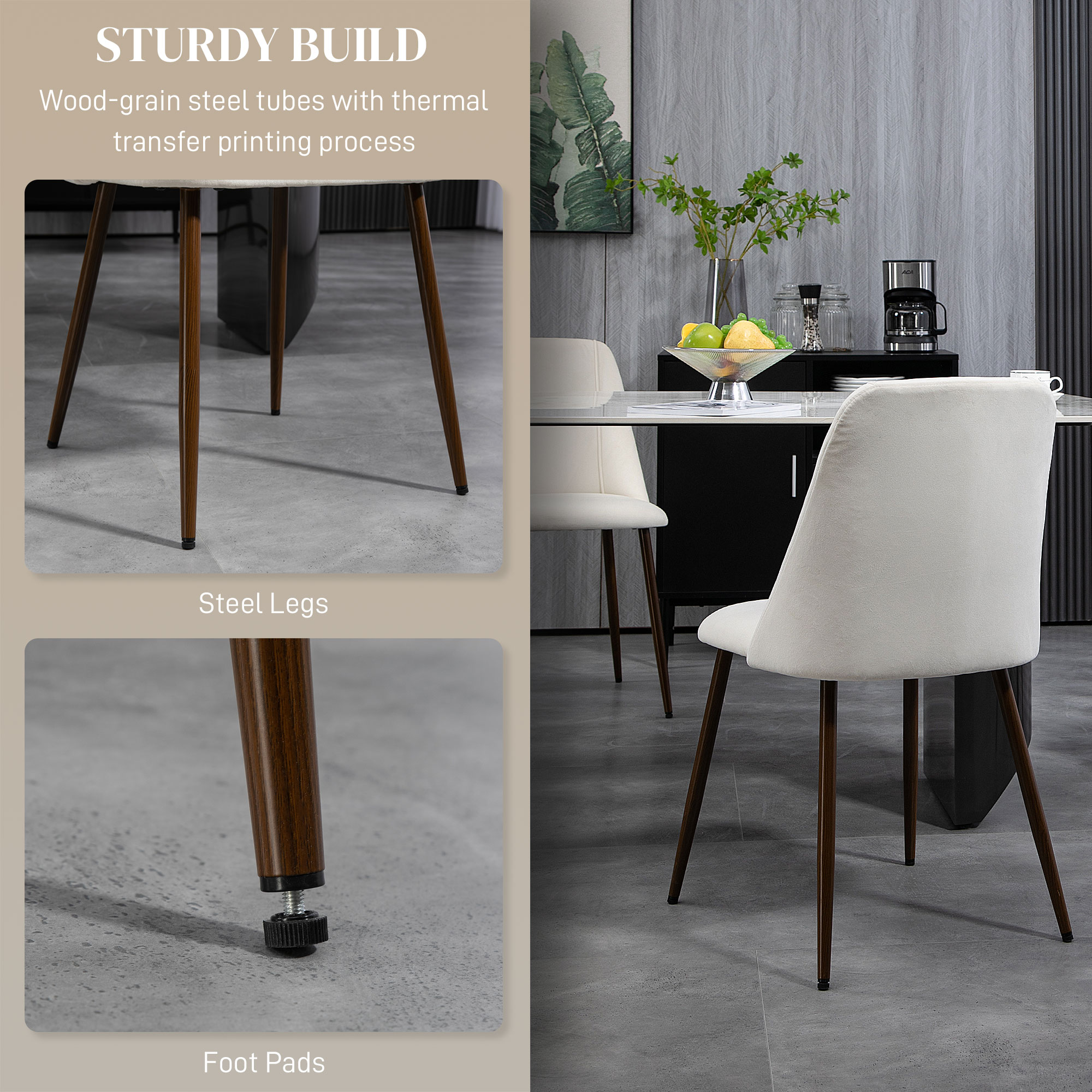 Upholstered Dining Chairs Set of 4, Velvet Accent Chair with Back and Wood-grain Steel Leg for Kitchen, Cream White - Image 4