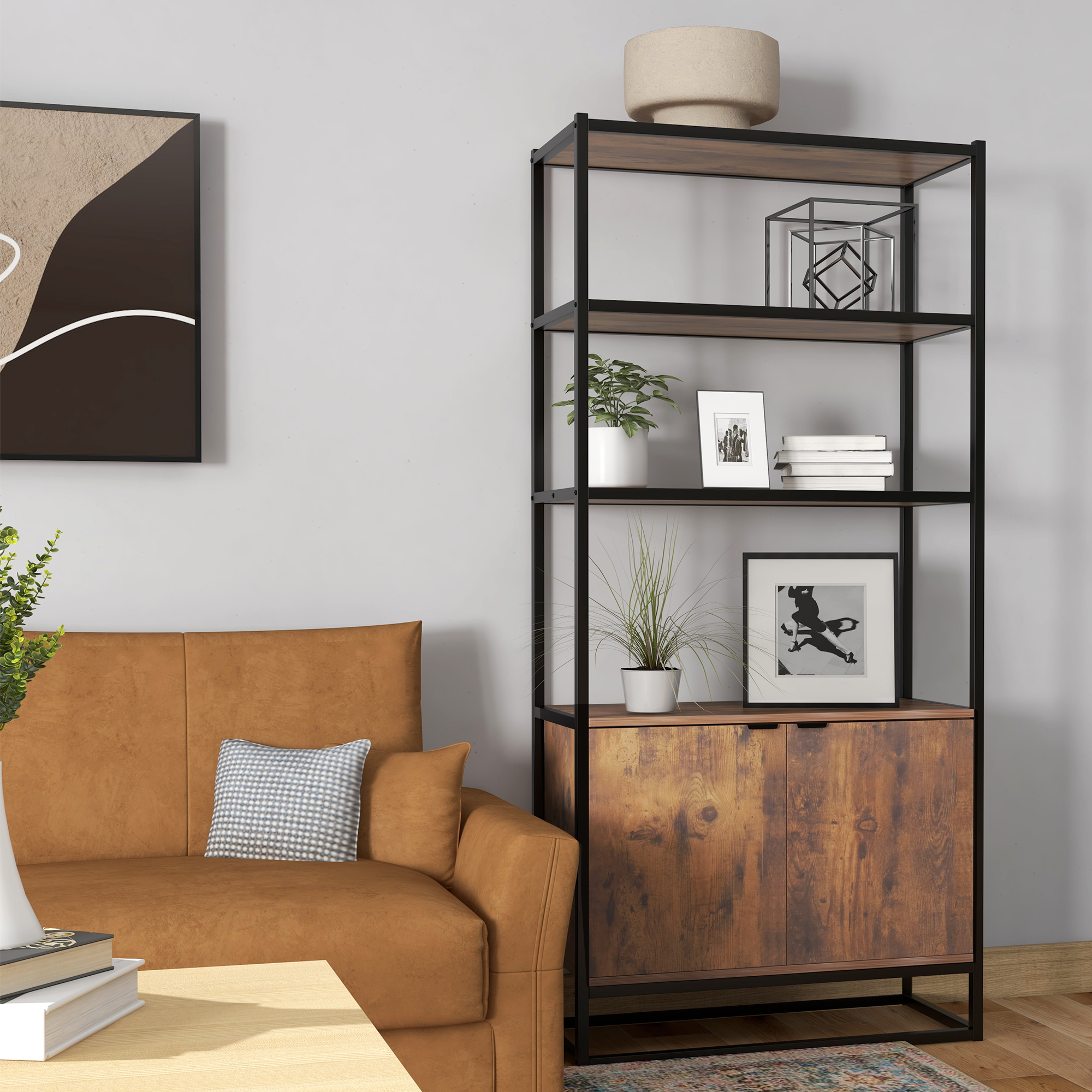 Storage Cabinet with 3 Open Shelves Cupboard Freestanding Tall Organizer Multifunctional Rack for Livingroom Bedroom Kitchen Rustic Brown - Image 5