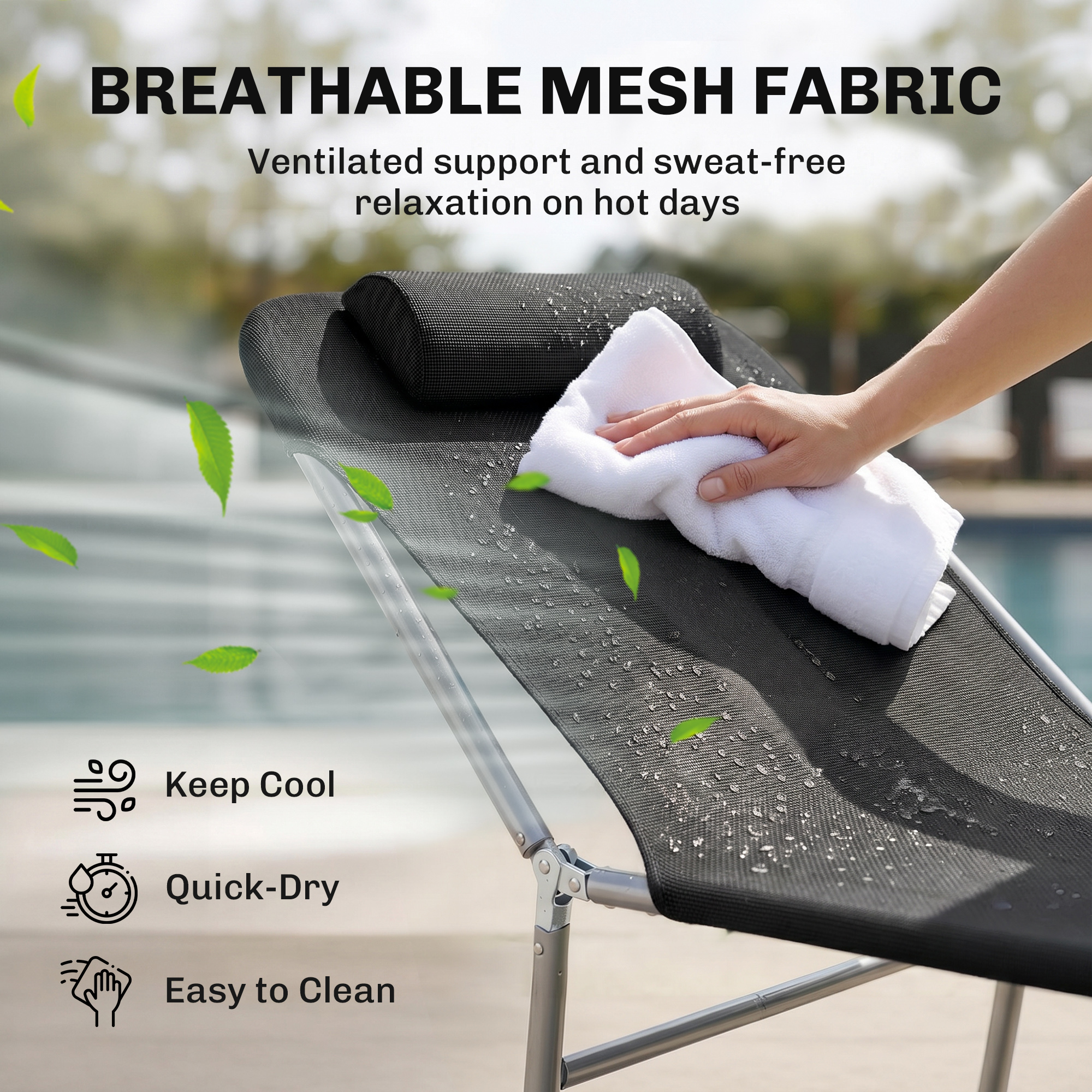 Outdoor Lounge Chair, Portable Adjustable Reclining Seat Folding Chaise Lounge Patio Camping Beach Tanning Chair Bed with Pillow, Black - Image 3
