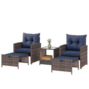 5 Piece Patio Furniture Set, Wicker Patio Chairs with Ottomans, 2-Tier Glass Coffee Table and Cushions, Brown/Dark Blue