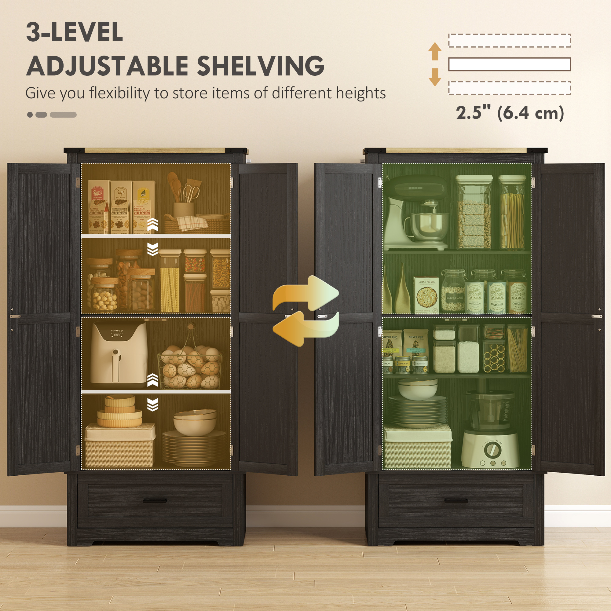 69" Tall Farmhouse Kitchen Pantry Cabinet with 2 Doors, Drawer and Adjustable Shelves, Black and Brown - Image 3