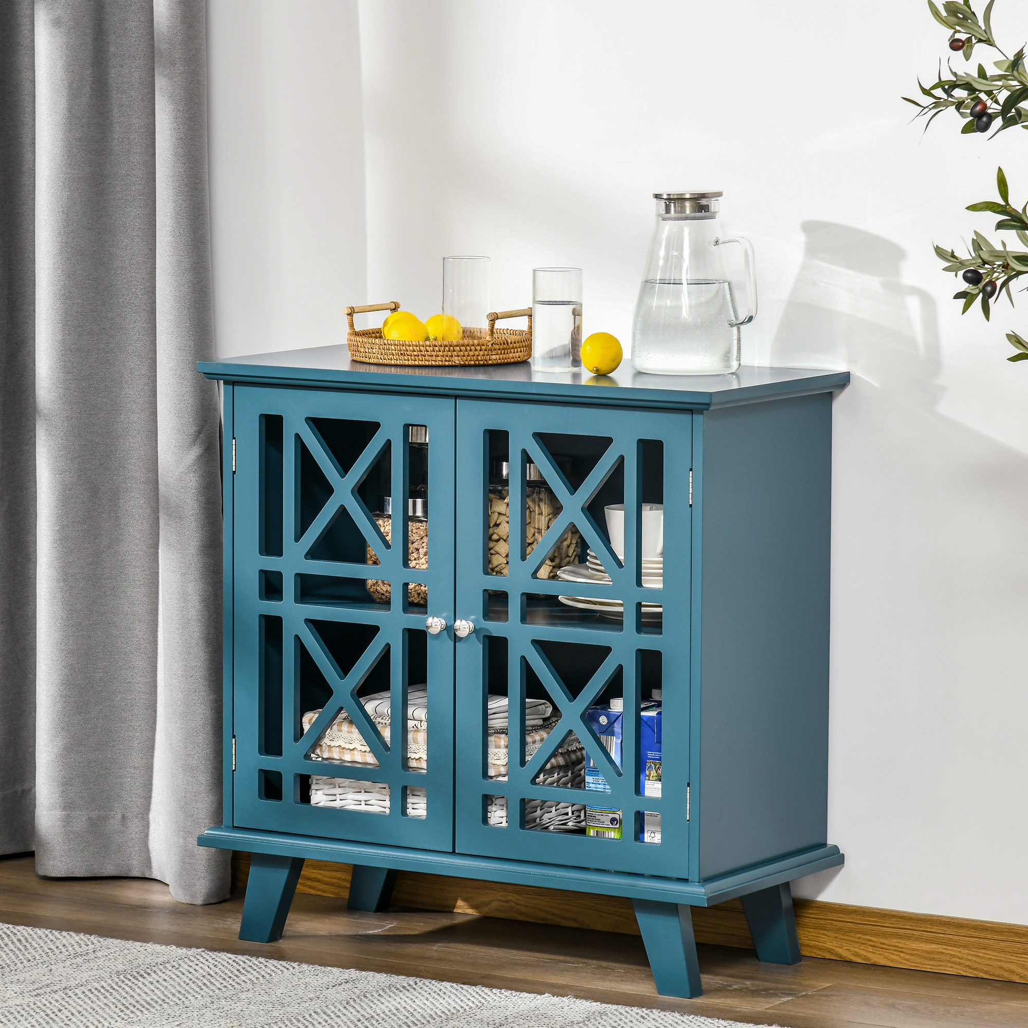 Storage Cabinet with Fretwork Doors and Shelf, Modern Freestanding Sideboard, Buffet, Blue - Image 5