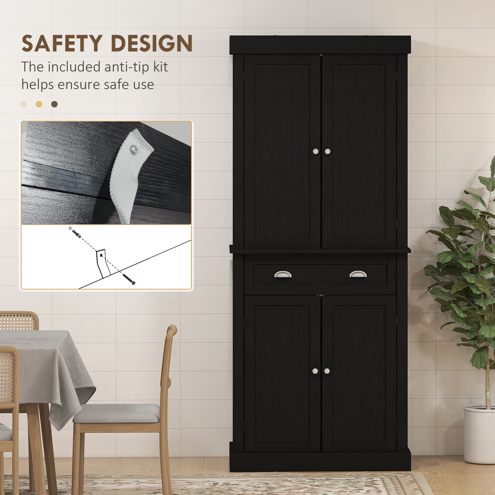 72" Tall Pantry Cabinet, Kitchen Storage Cabinet with 4 Doors, Drawer and 2 Adjustable Shelves, Black Wood Grain - Image 4