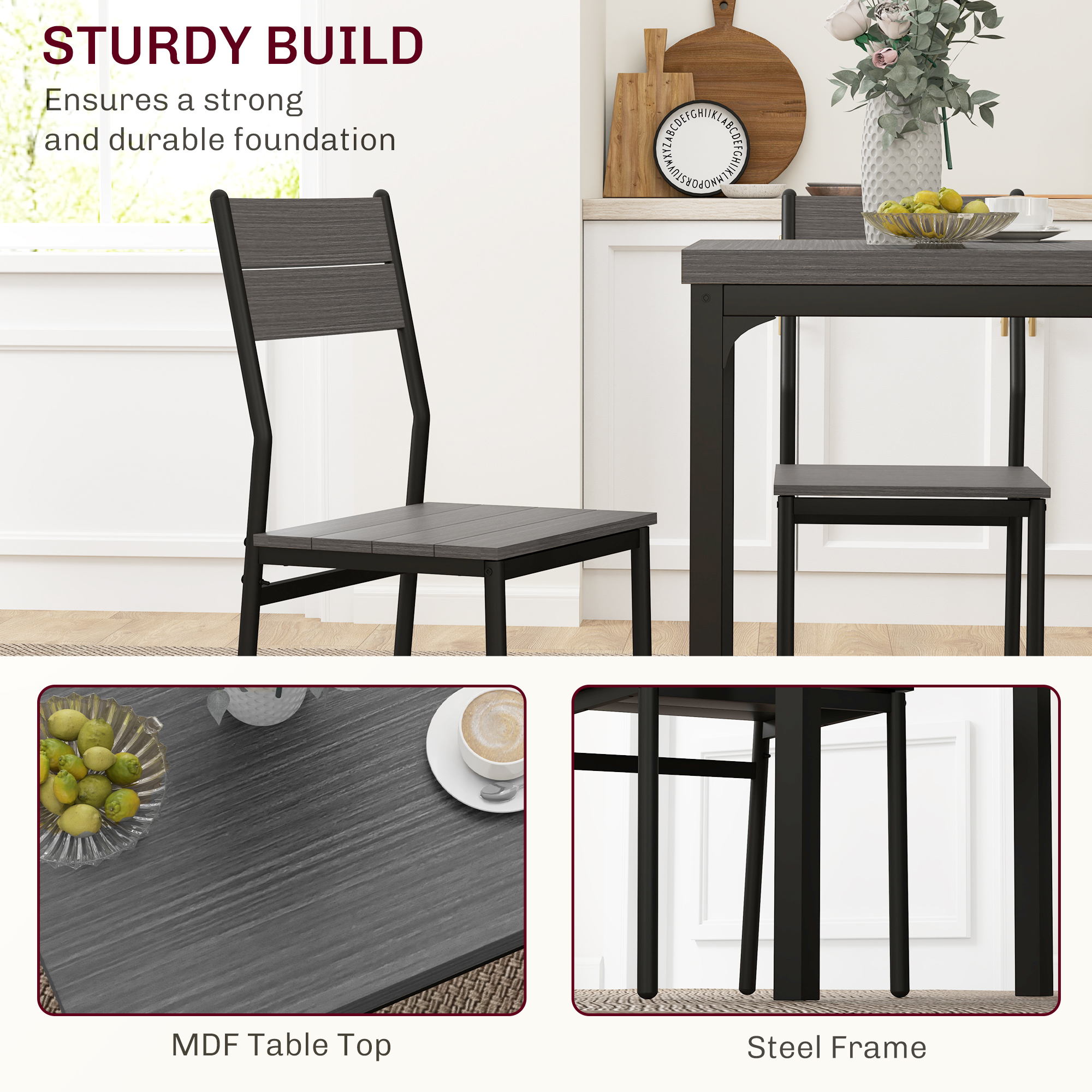 Dining Table Set for 2, 3 Piece Kitchen Table and Chairs with Metal Legs for Small Spaces, Grey Wood Effect - Image 3