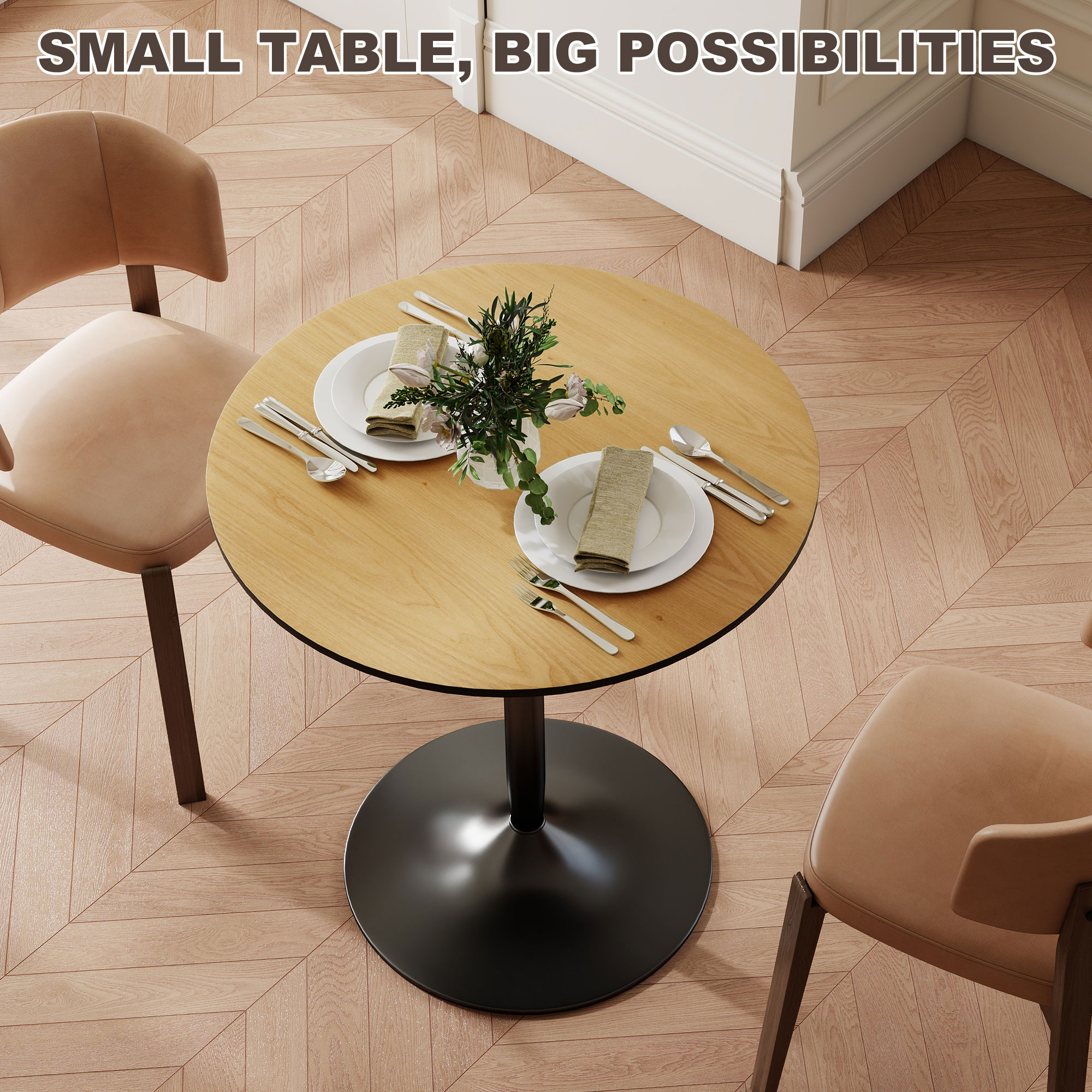 27.6" Round Kitchen Table for 2, Modern Small Dining Table with Wood Veneer, Steel Base for Dining Room, Natural - Image 5