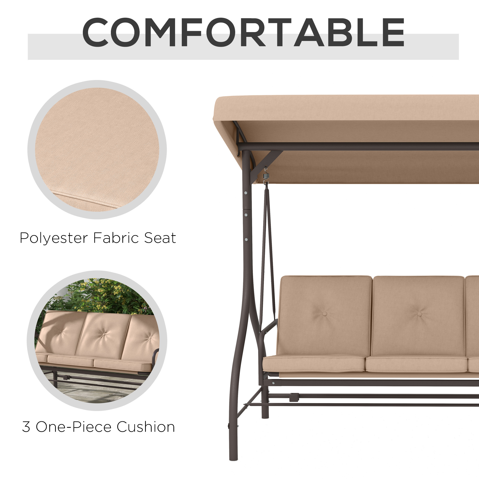 Convertible Patio Swing Bed with Canopy and Cushions, 3 Seater Porch Swing for Outdoor, Backyard, Garden, Khaki - Image 5