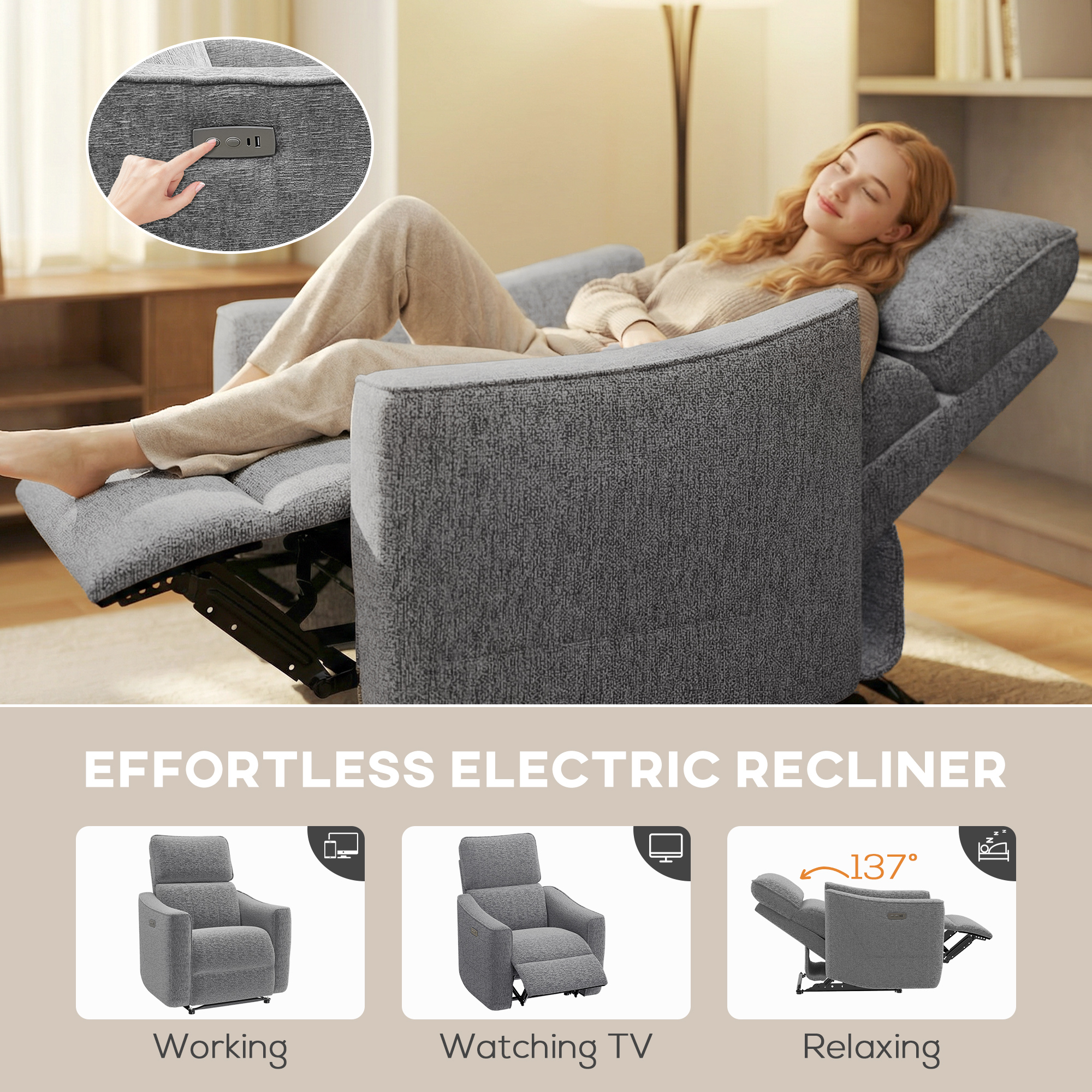 Power Recliner Chair, Chenille Upholstered Recliner Chair with USB Ports, Footrest, Dark Grey - Image 2