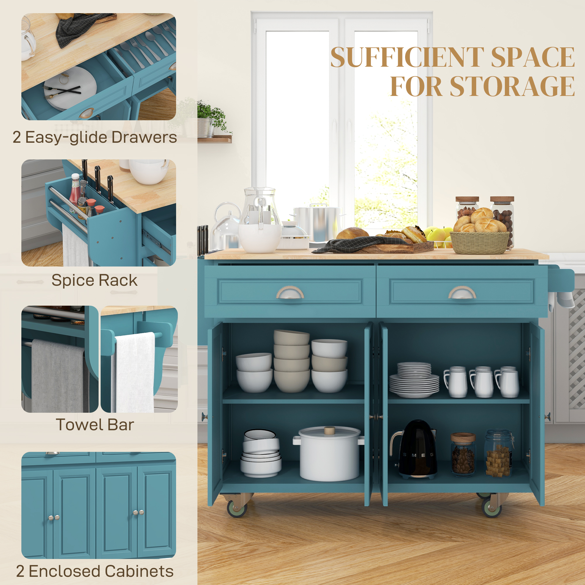 Kitchen Island with Storage, Rolling Kitchen Island with Drop Leaf, Rubber Wood Top and Adjustable Shelves, Light Blue - Image 3