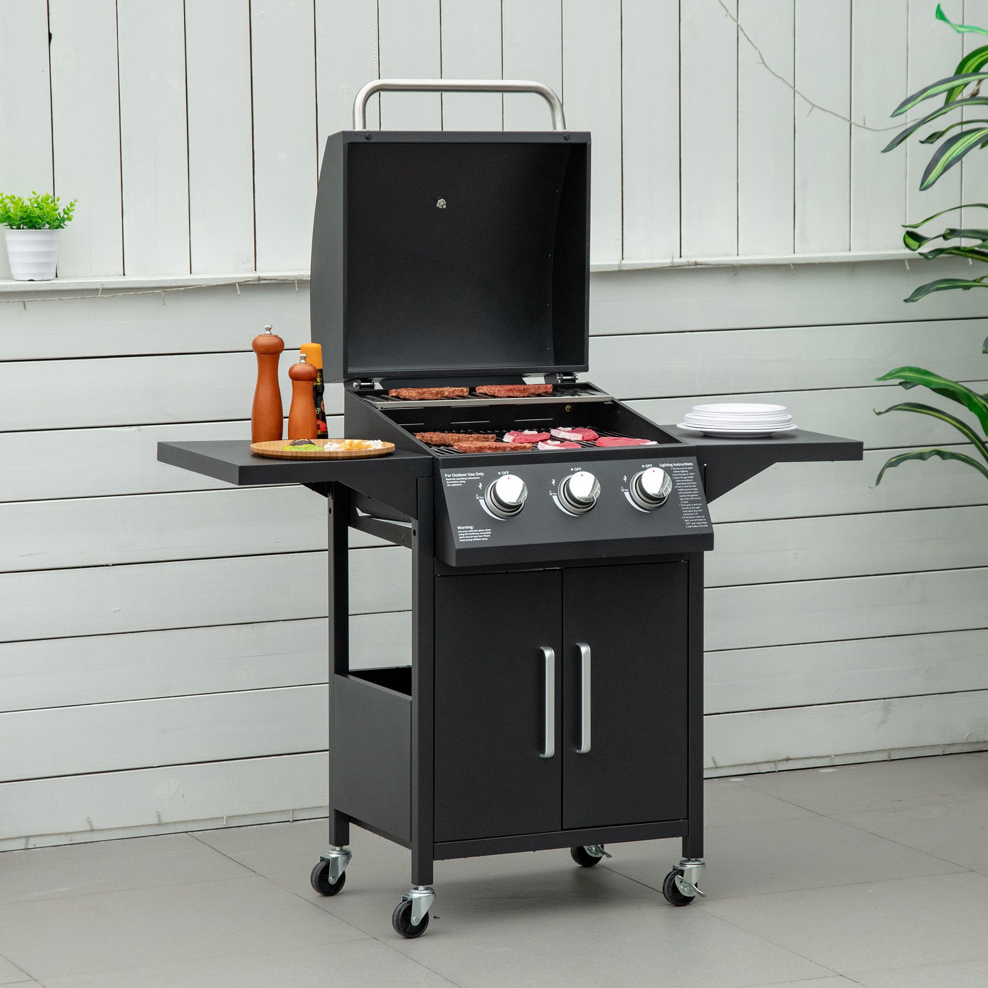 Outdoor 3 Burner Gas Grill Portable Barbecue w/ Wheels, Warming Rack, Shelves, Cabinet, Thermometer, Black - Image 6