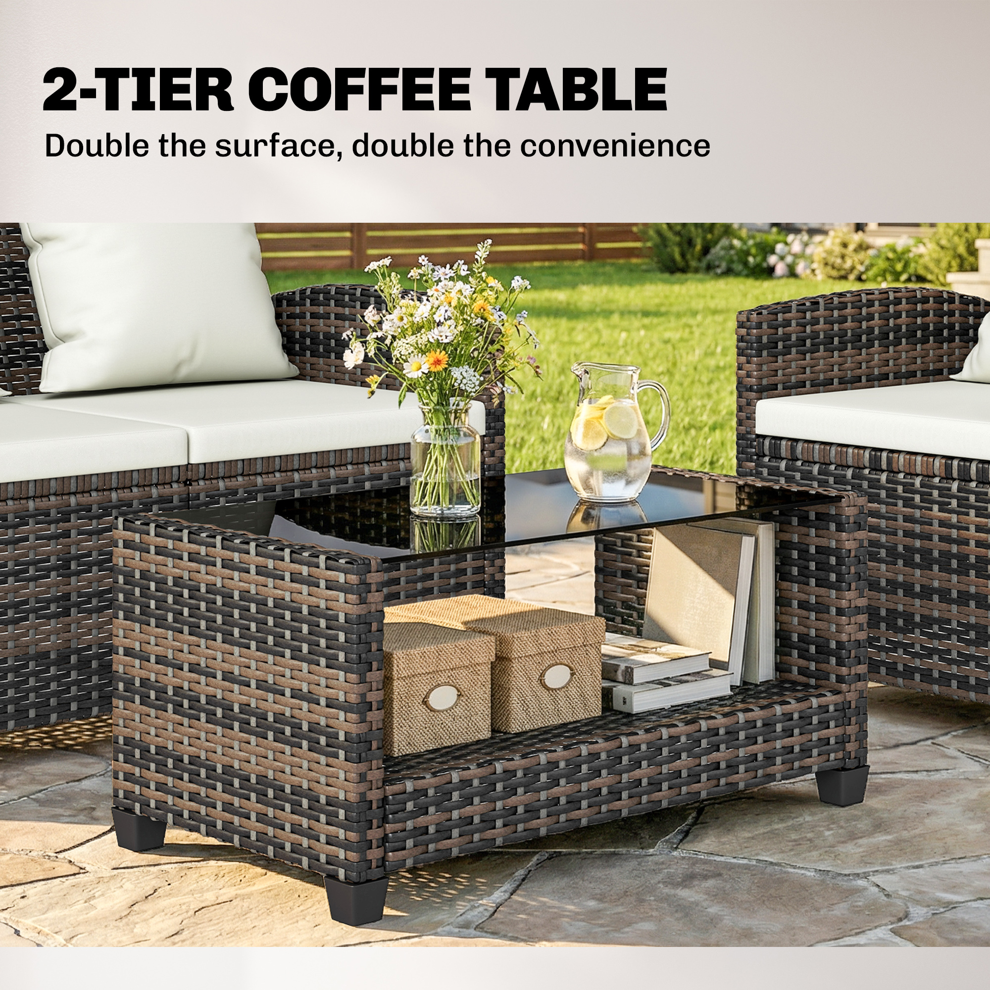 4-Piece Outdoor Wicker Patio Furniture Conversation Set, Includes Loveseat, Chairs and 2-Tier Table with Cushions, Modern Rattan Sofa Set for Backyard, Beige - Image 5