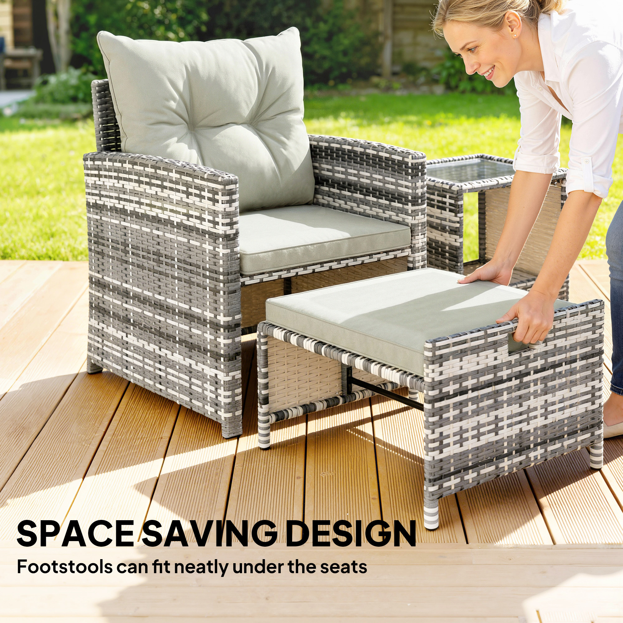 5 Piece Patio Furniture Set, Wicker Patio Chairs with Ottomans, 2-Tier Glass Coffee Table and Cushions, Grey/Cream White - Image 2