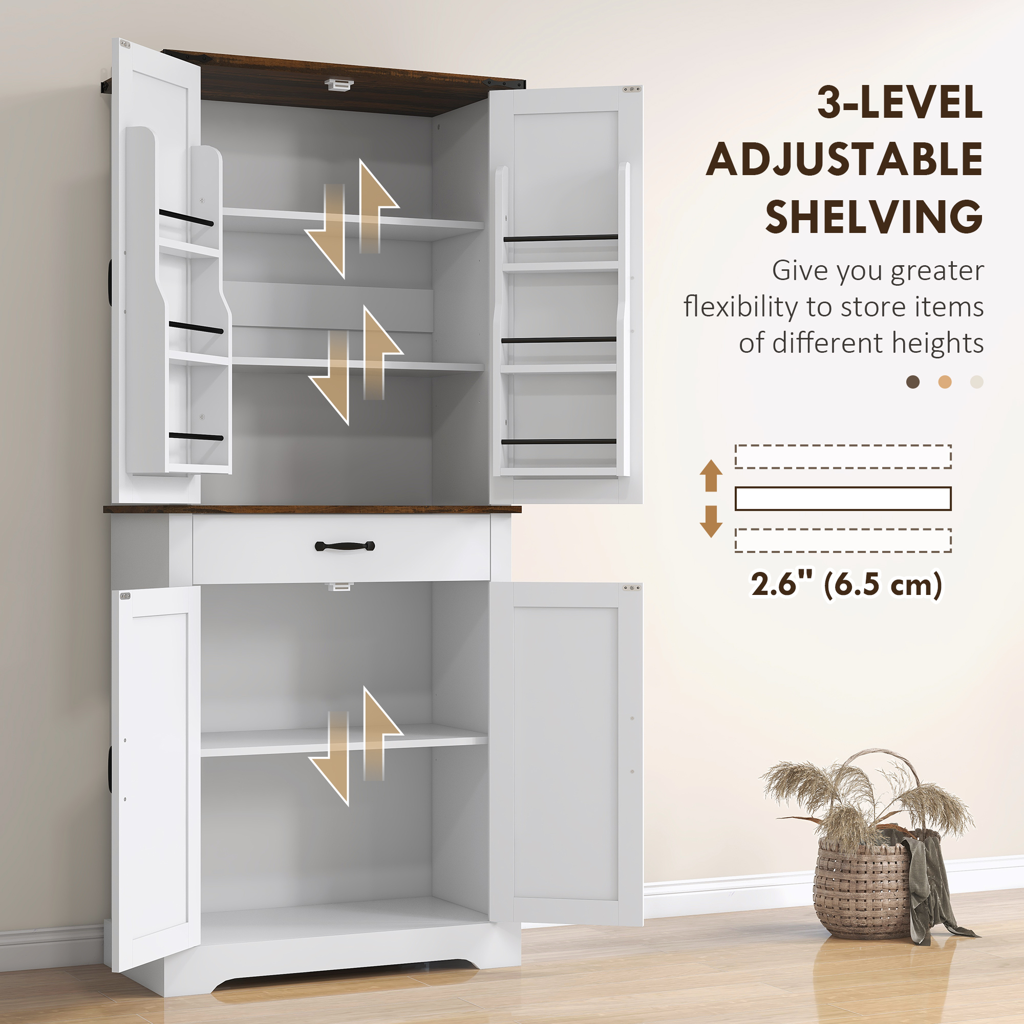 71" Tall Kitchen Cabinet, Farmhouse Pantry Cabinet with Barn Doors, Drawer and Adjustable Shelves, White - Image 4