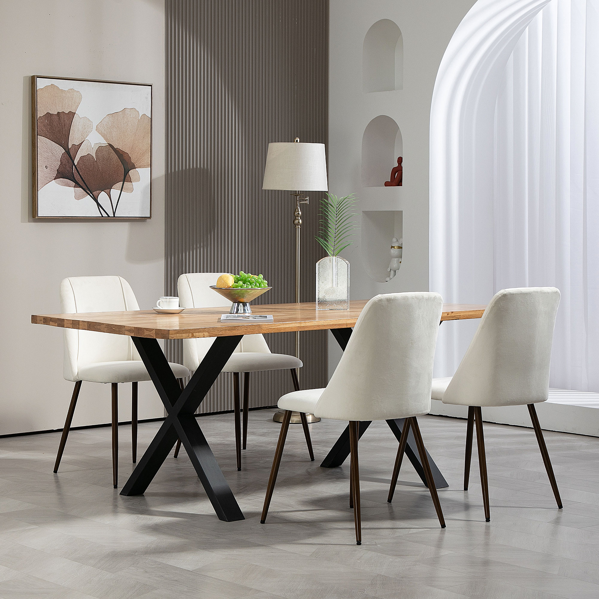 Upholstered Dining Chairs Set of 4, Velvet Accent Chair with Back and Wood-grain Steel Leg for Kitchen, Cream White - Image 6