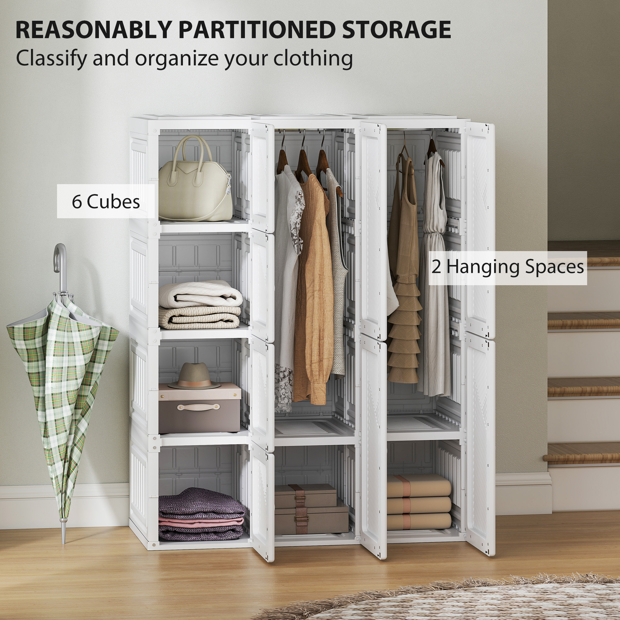 Portable Wardrobe, Foldable Plastic with 8 Compartments, 2 Hanging Rods and Magnetic Doors, White - Image 2