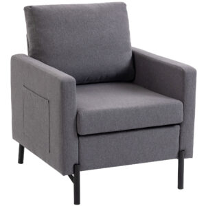 Accent Chair Modern Upholstered Armchair with Side Pockets and Cushion for Bedroom, Living Room, Dark Grey