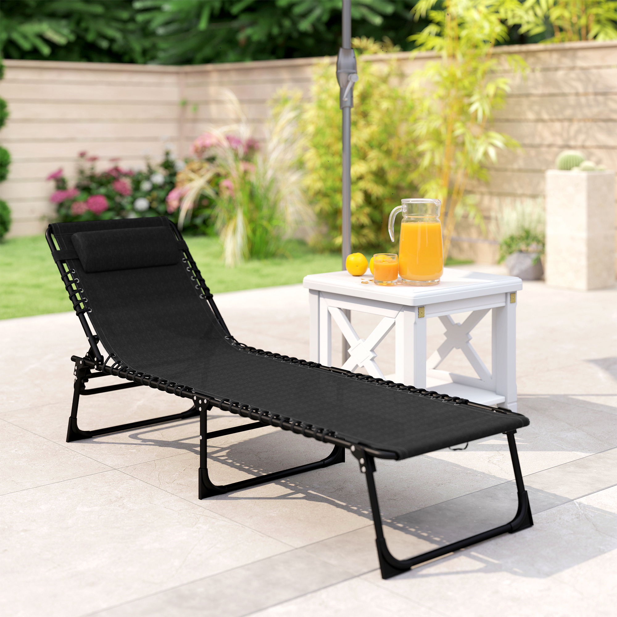 Outdoor Folding Lounge Chair, 4-Level Adjustable Chaise Lounge with Headrest, Tanning Chair Beach Bed Reclining Lounger Cot for Camping, Hiking, Backyard, Black - Image 5