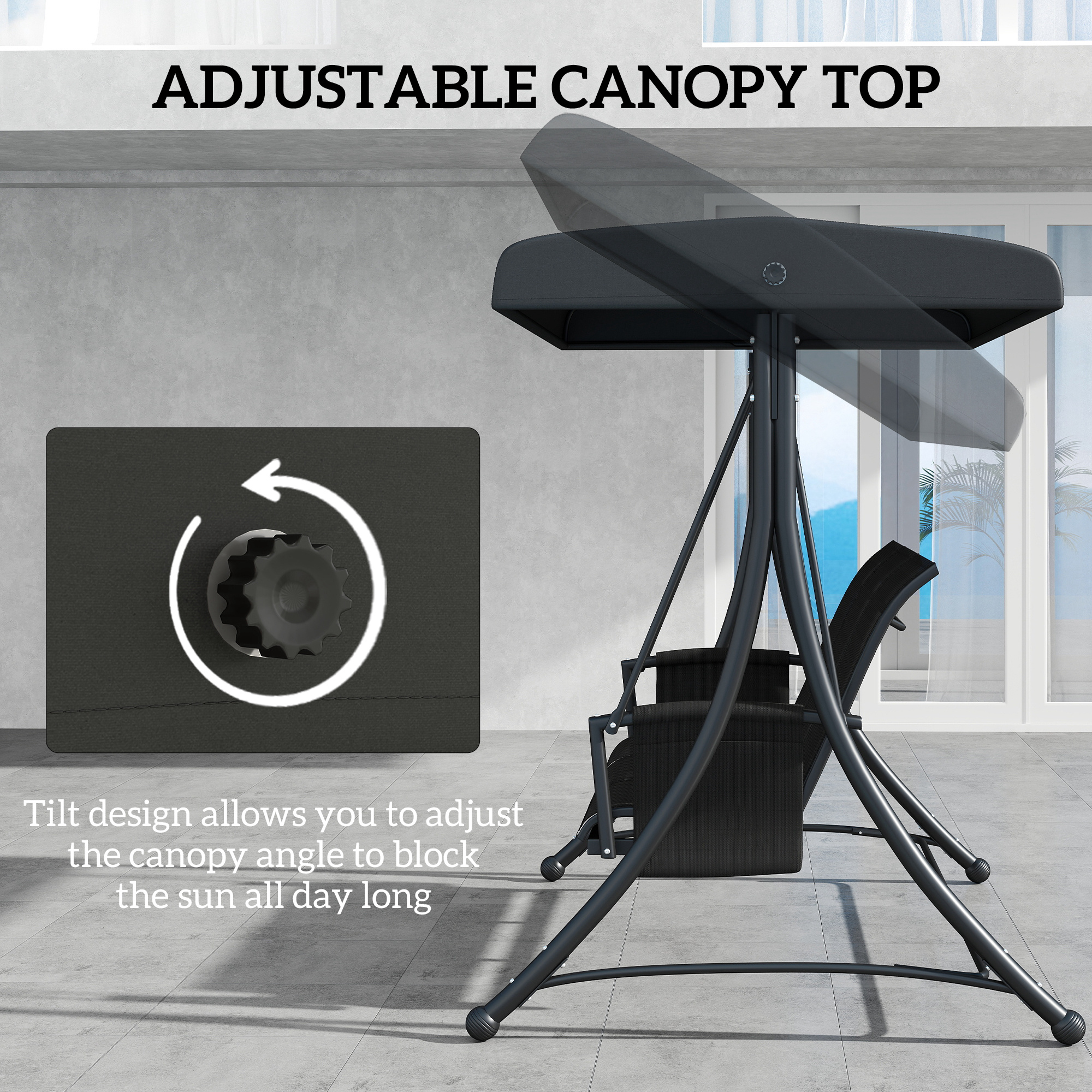 3 Person Outdoor Porch Swing Chair with Adjustable Canopy, Black - Image 2