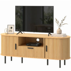 TV Stand for TVs up to 60", Modern Entertainment Center with Curved Sliding Doors and Storage, Natural Wood