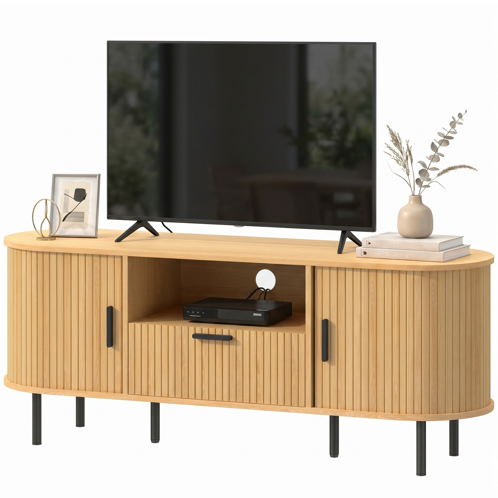 TV Stand for TVs up to 60", Modern Entertainment Center with Curved Sliding Doors and Storage, Natural Wood