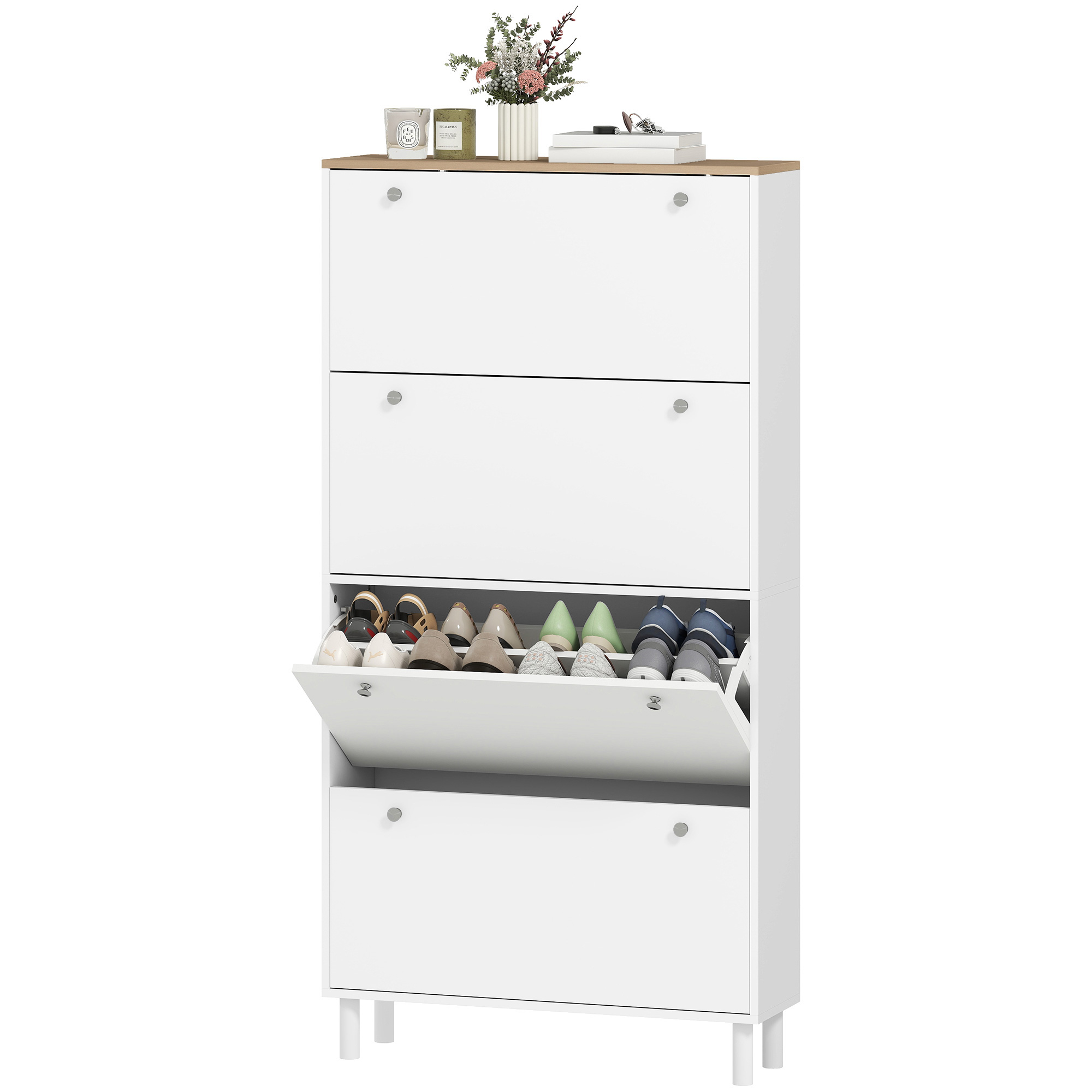 Narrow Shoe Cabinet with 4 Flip Drawers, Shoe Storage Cabinet with Adjustable Shelves, Holds 24–32 Pairs, White