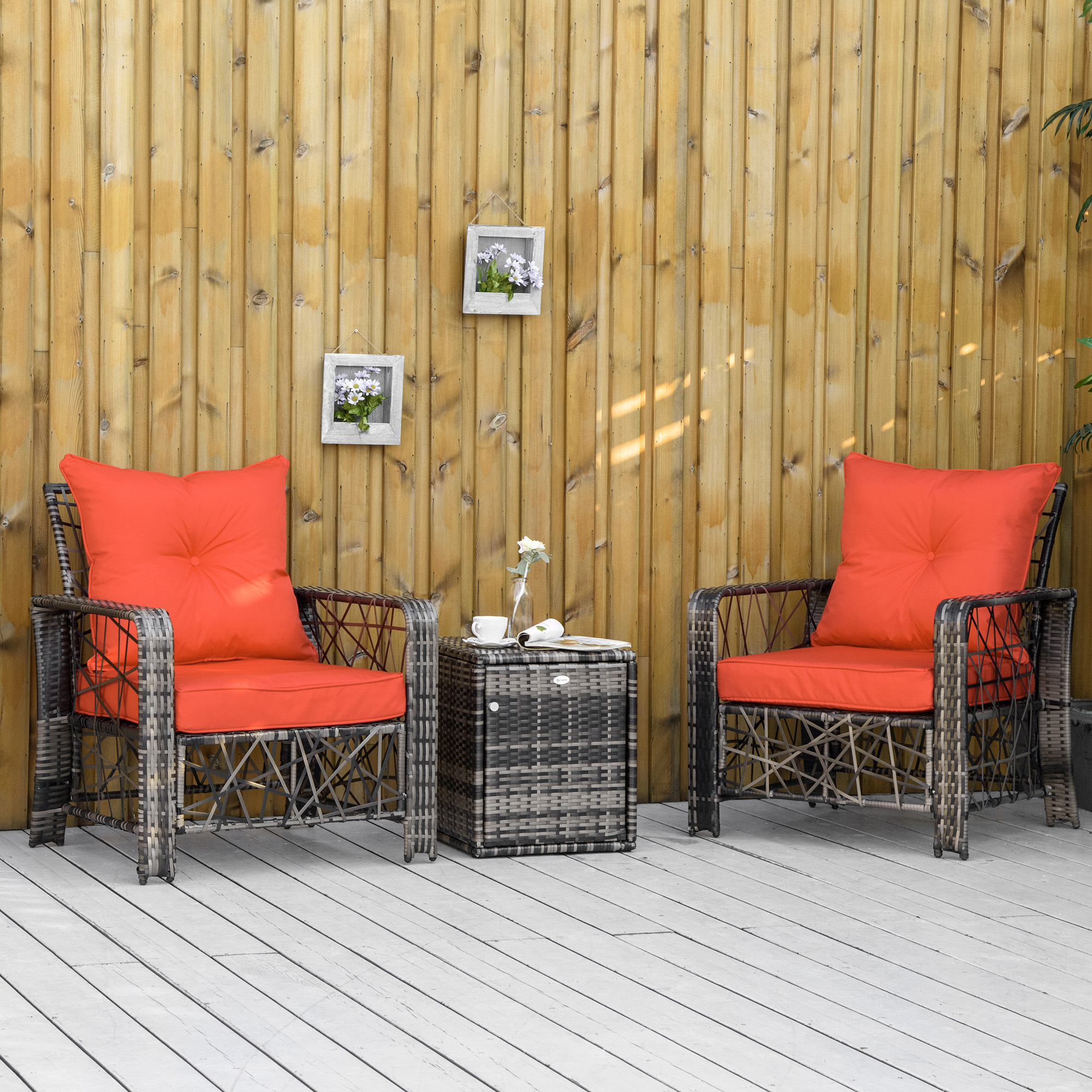 3 Pieces Wicker Patio Furniture Set, Rattan Bistro Set with Storage Coffee Table and Thickened Cushions, Outdoor Conversation Set for Garden, Porch, Balcony, Red - Image 6