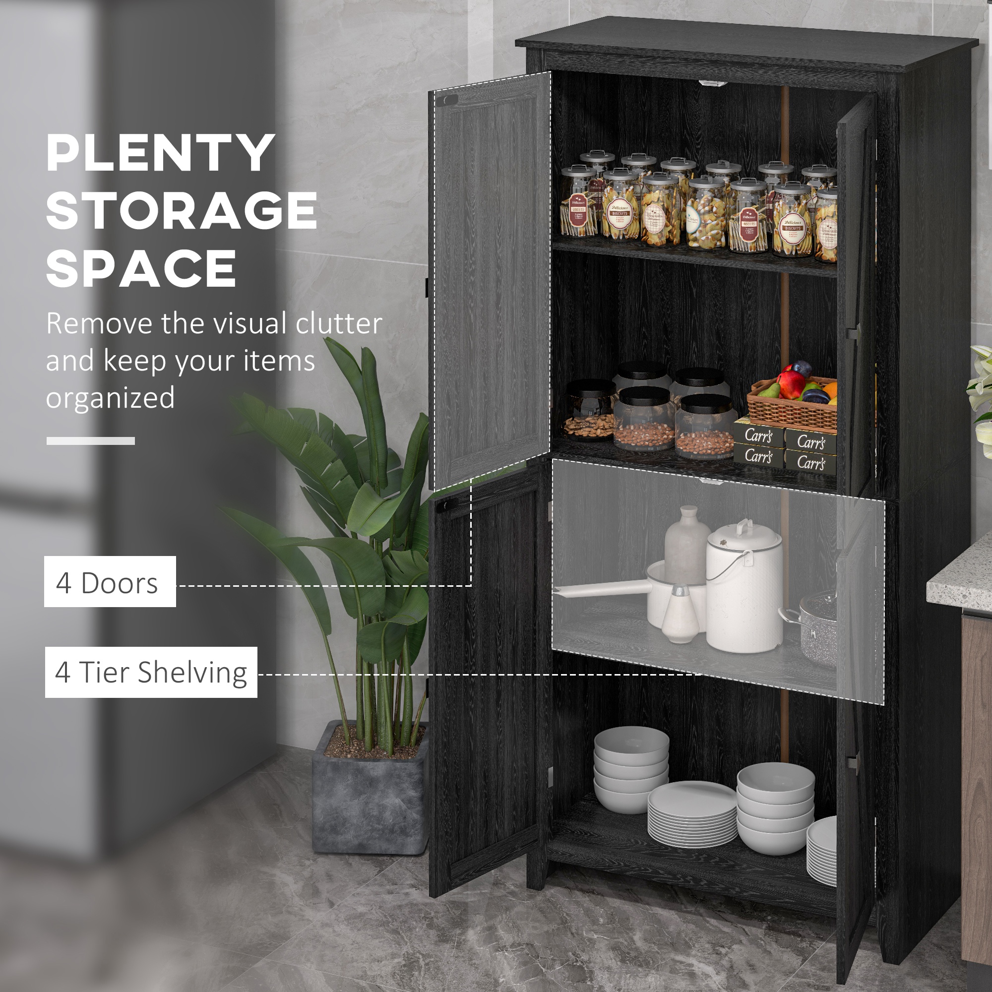 72" Freestanding Storage Cabinet, Kitchen Pantry Cabinet with Doors and Shelves for Dining Room, Black - Image 2