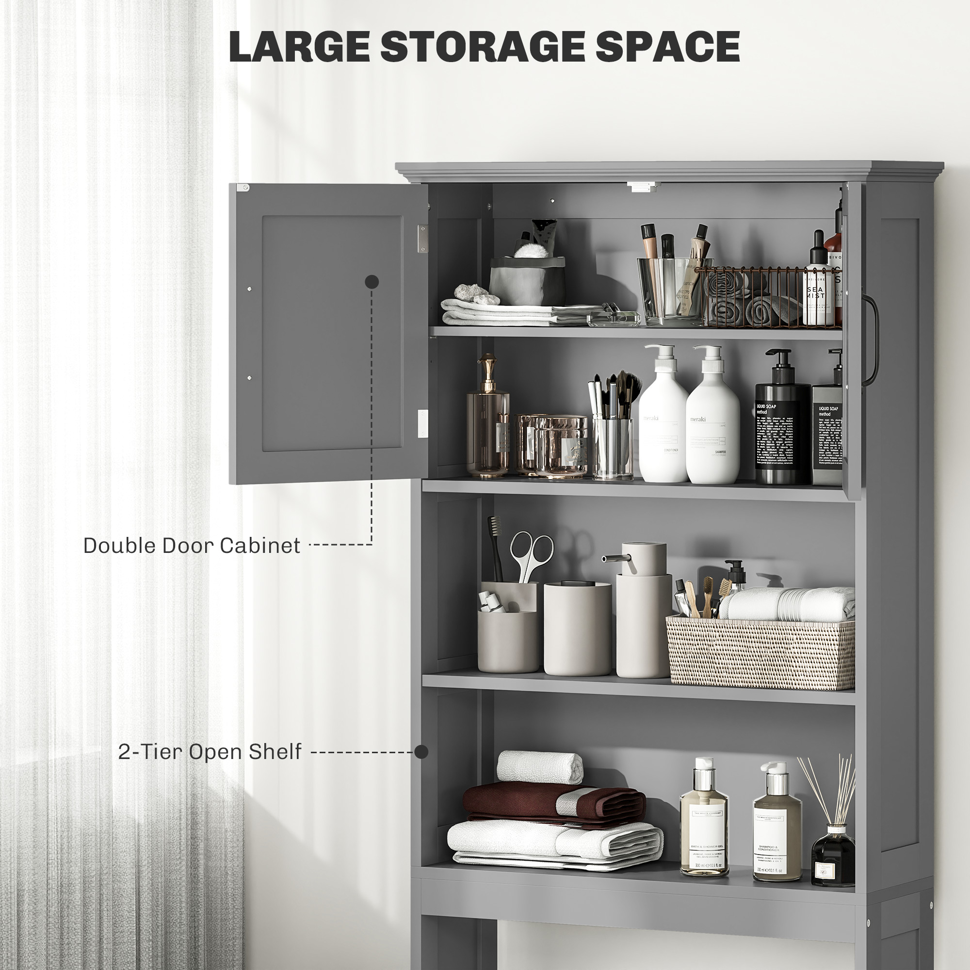 Modern Over The Toilet Storage, Bathroom Cabinets Over Toilet with Open Shelves and Double Door Cabinet, Grey - Image 2