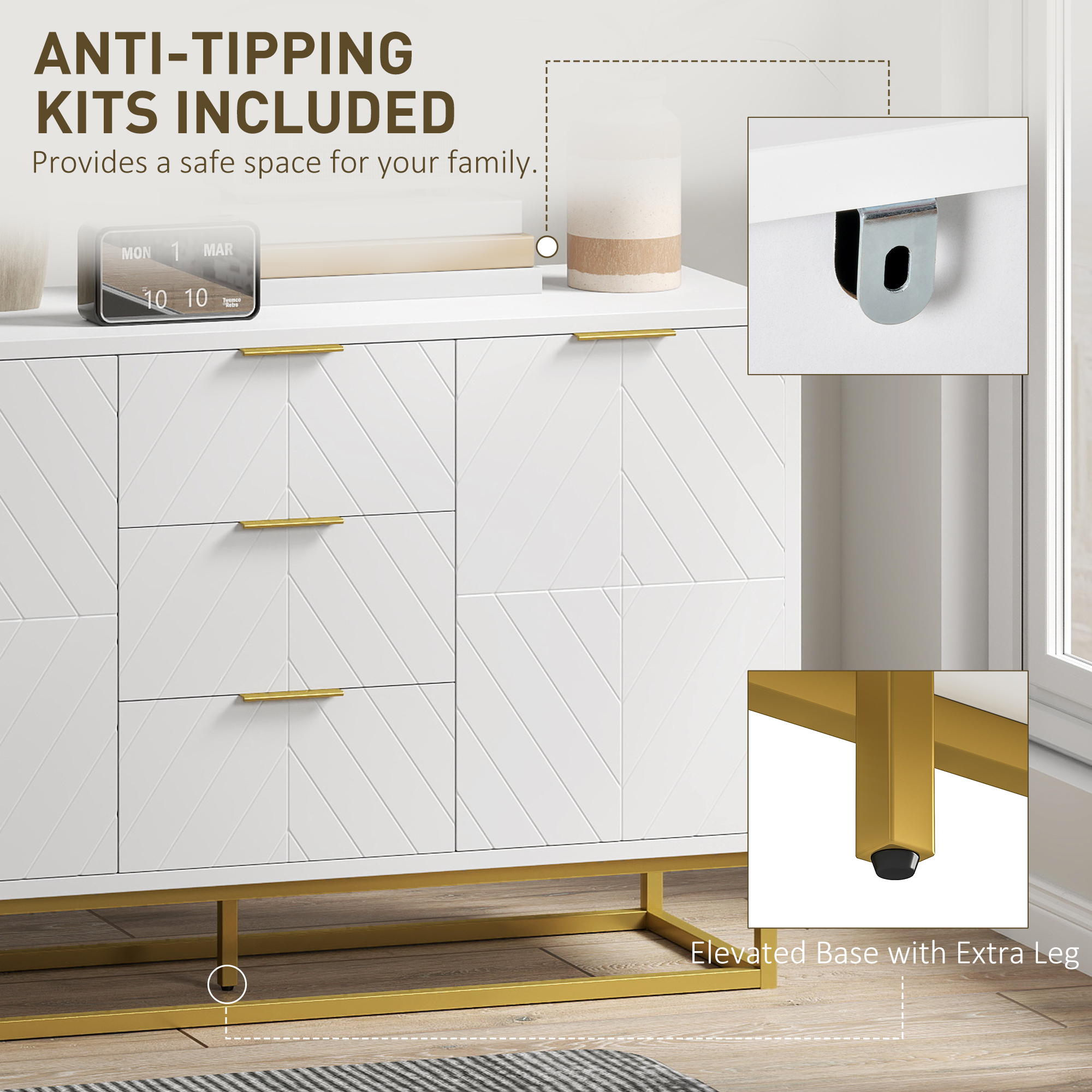 47" Storage Cabinet with Doors, Adjustable Shelves, 3 Drawers, Metal Legs for Kitchen Storage, Home Use, White - Image 5