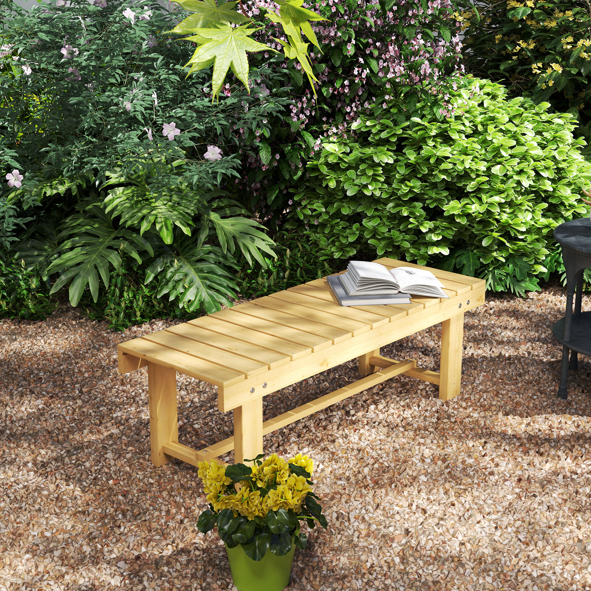 43" Wood Outdoor Bench, 2 Person Patio Bench, Backless Outdoor Patio Loveseat with Slatted Seat for Park, Backyard, Lawn, Natural Wood - Image 6