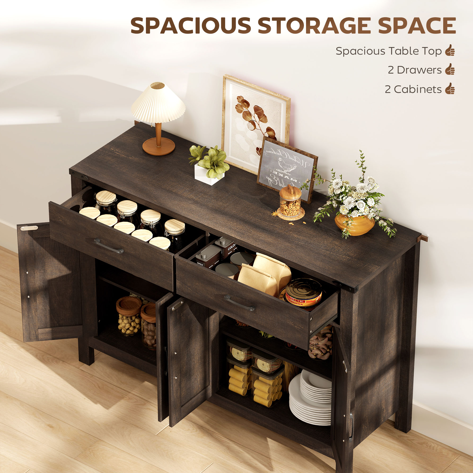 Sideboard Buffet Cabinet, Farmhouse Kitchen Storage Cabinet w/ 2 Drawers and Shelves for Living Room, Entryway - Image 2