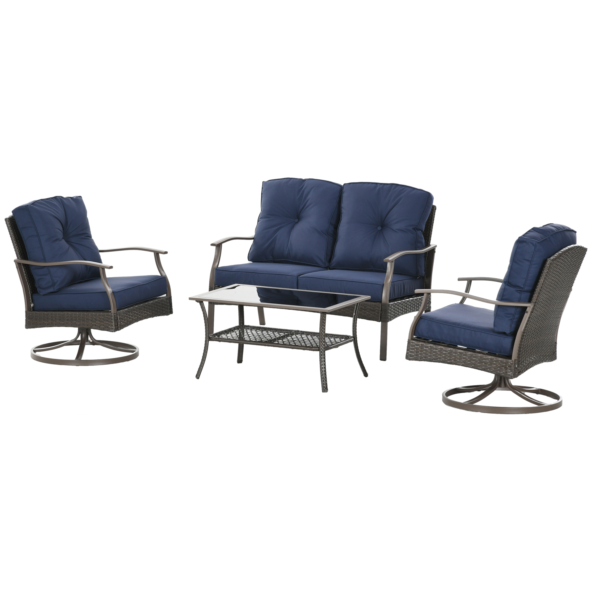 4 Pcs Wicker Sofa Set with 2 Swivel Chairs Patio Furniture Set w/ Two Tier Tea Table & Cushions, Navy Blue