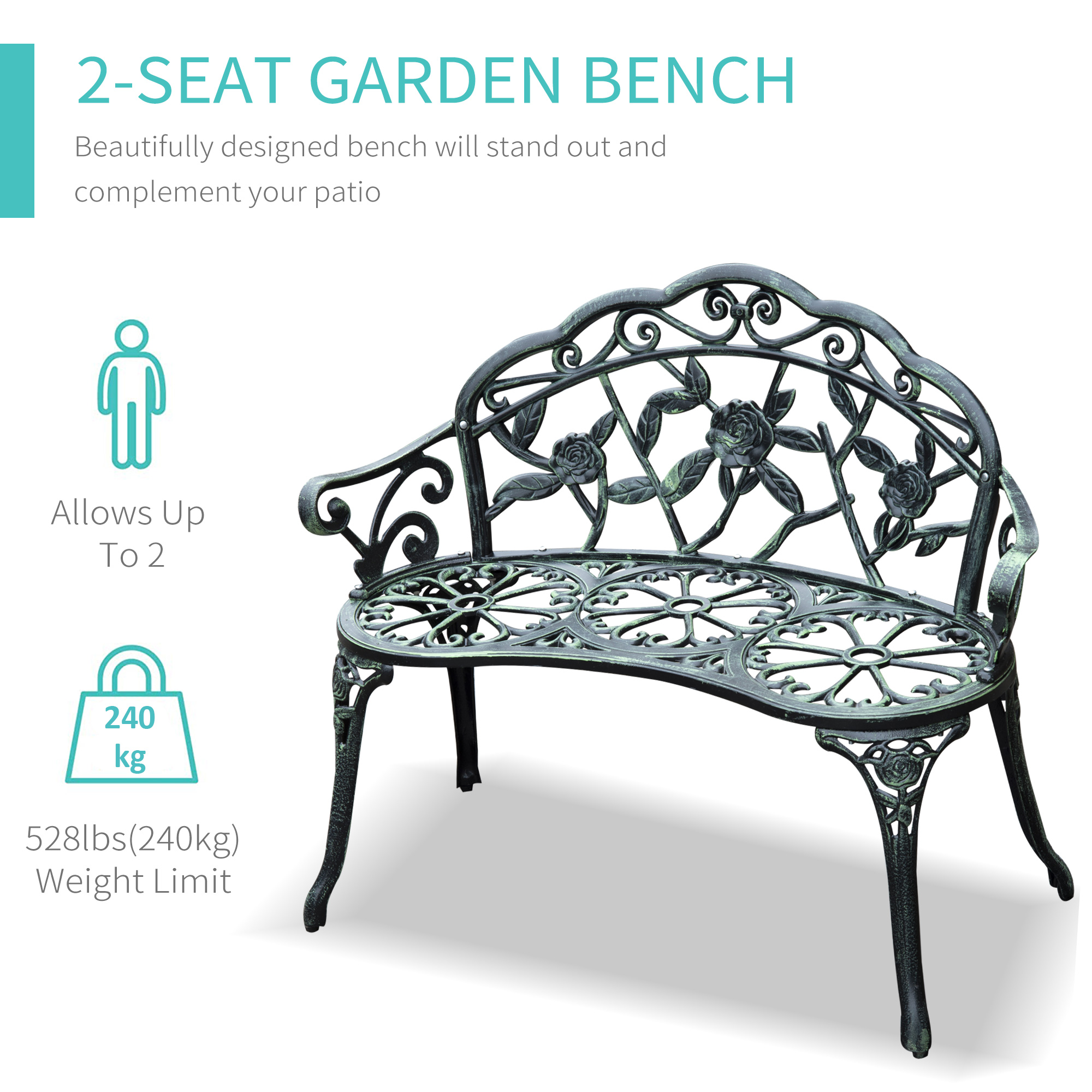 40" Outdoor Garden Bench, Cast Aluminum Antique Rose Style Patio Garden Park Loveseat Bench for Backyard, Porch, Balcony, Lawn, Green - Image 4